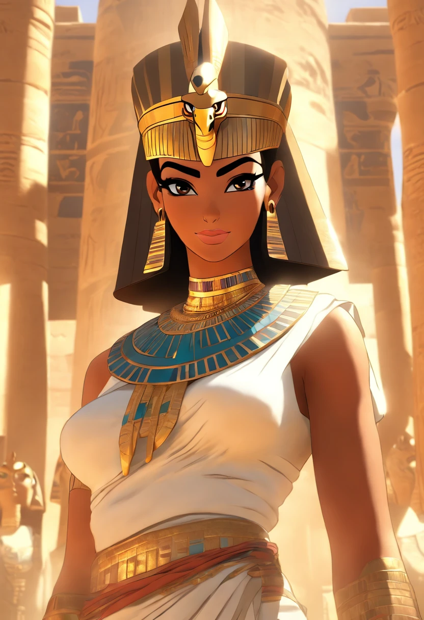 (((adornment, Egyptian woman))) best quality, very high resolution, 4K detailed CG, masterpiece, Egyptian mythology, Mut, Egyptian, sun in the background, Ancient Egypt, standing pose, vulture adornment, white clothes , Egyptian clothing , Egyptian temple, desert, Ancient Egypt, ((Vulture adornment)), Egyptian palace, aesthetics, beautiful image, centered on screen, standing pose