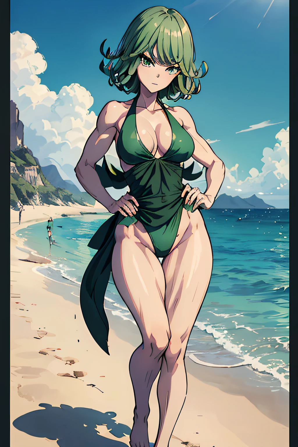 masterpiece, best quality, 1girl, alone, breasts, green eyes, looking at viewer, medium_breasts, full body, standing, ((hands on waist)), (thin waist), wearing green bikini, on the beach , green hair, (Tatsumaki: 1.7), beautiful thighs, faithful to the anime, muscular belly, barefoot, ((focus on the beautiful muscular thighs))