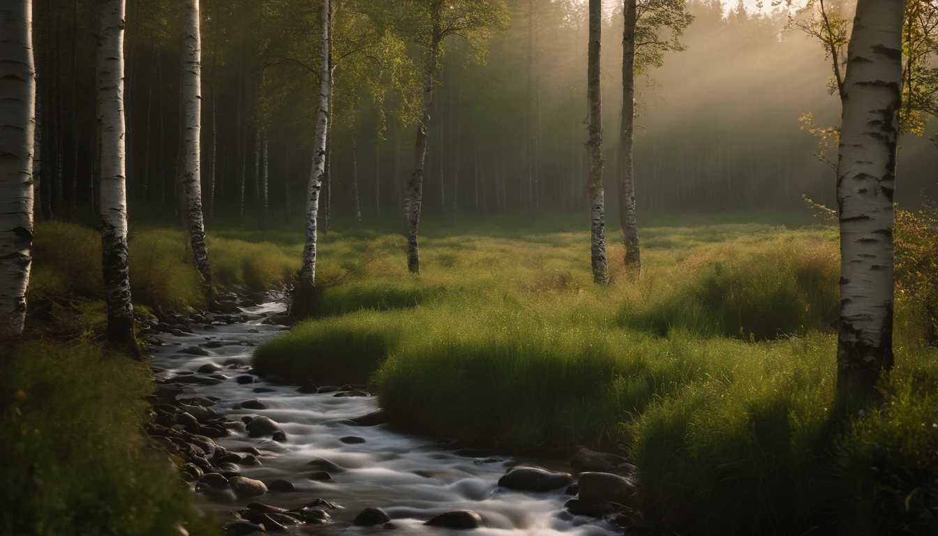 Nikon lens,Master masterpieces,The is very detailed,High- sharpness,8k wallpaper,fidelity:1.4,Poster effect,natural soft light,Large grasslands,The base color is a large area of green,Fresh style,Large birch forest,Small streams flow water,A little fog,first person perspective