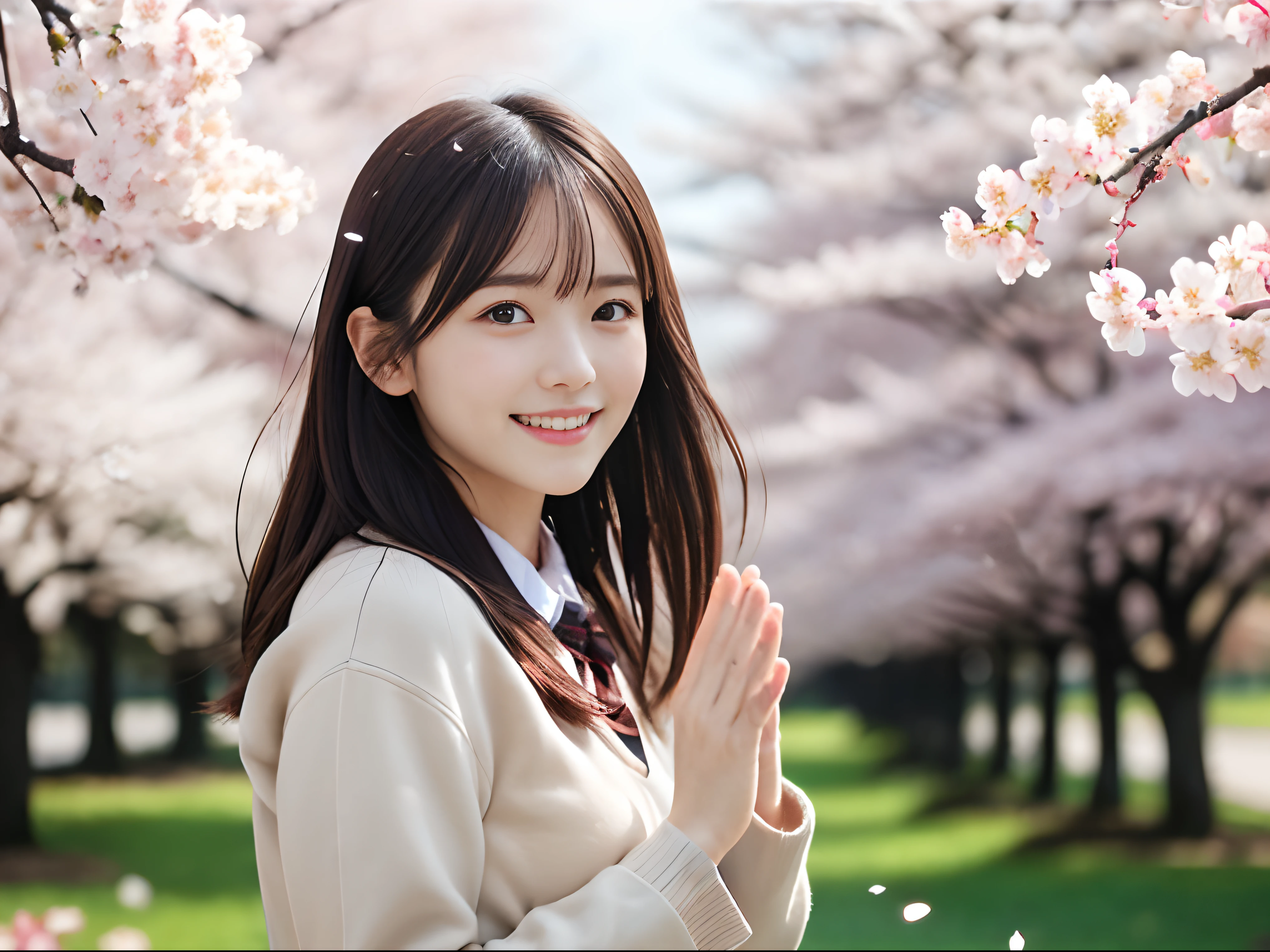 (Dressed in winter uniform、Close up portrait of one girl with slender small breasts and long hair dull bangs:1.5)、(Girl looks back、Open your hands wide with a small smile、the hair flutters with the wind :1.5)、(Rows of cherry blossom trees in full bloom and cherry blossom petals dancing in the wind:1.5)、(Perfect Anatomy:1.3)、(No mask:1.3)、(complete fingers:1.3)、Photorealistic、Photography、masutepiece、top-quality、High resolution, delicate and pretty、face perfect、Beautiful detailed eyes、Fair skin、Real Human Skin、pores、((thin legs))、(Dark hair)