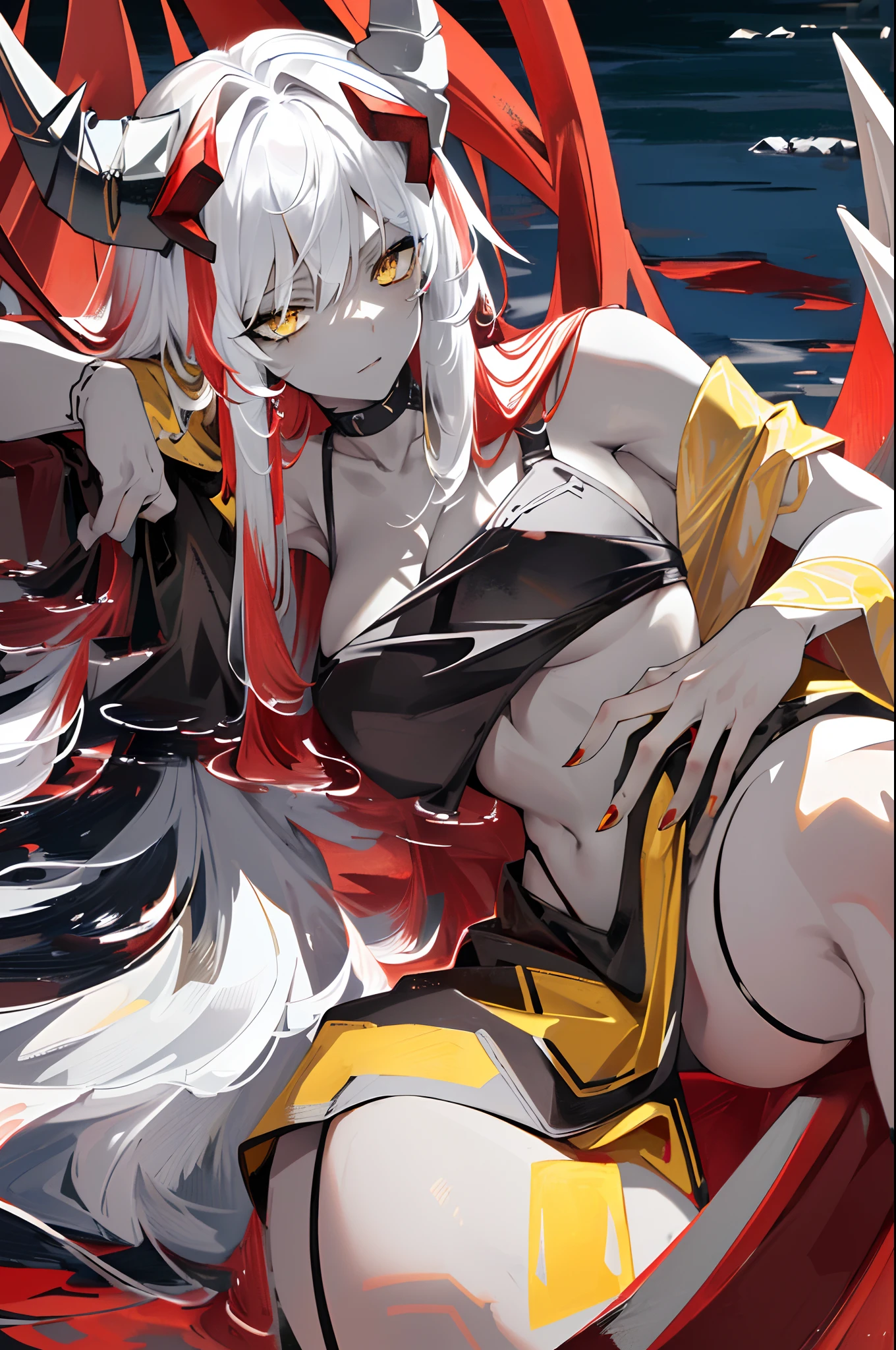 (masterpiece, 4k, high quality, highly detailed, detailed face, bikini, suimsuit, ((red suimsuit)), sit in the floor, elegant, black and white, vivid colors, natural lighting, ((amazing river natural background)), demon tail, seductive face, serious, ((adult woman)), straight cut hair bangs, long hair, big bust, ((white hair with red locks)), grey skin, ((yellow eyes)), demon horns, good anatomy, evil, emotionless, intimidant, beautiful eyes, detailed eyes