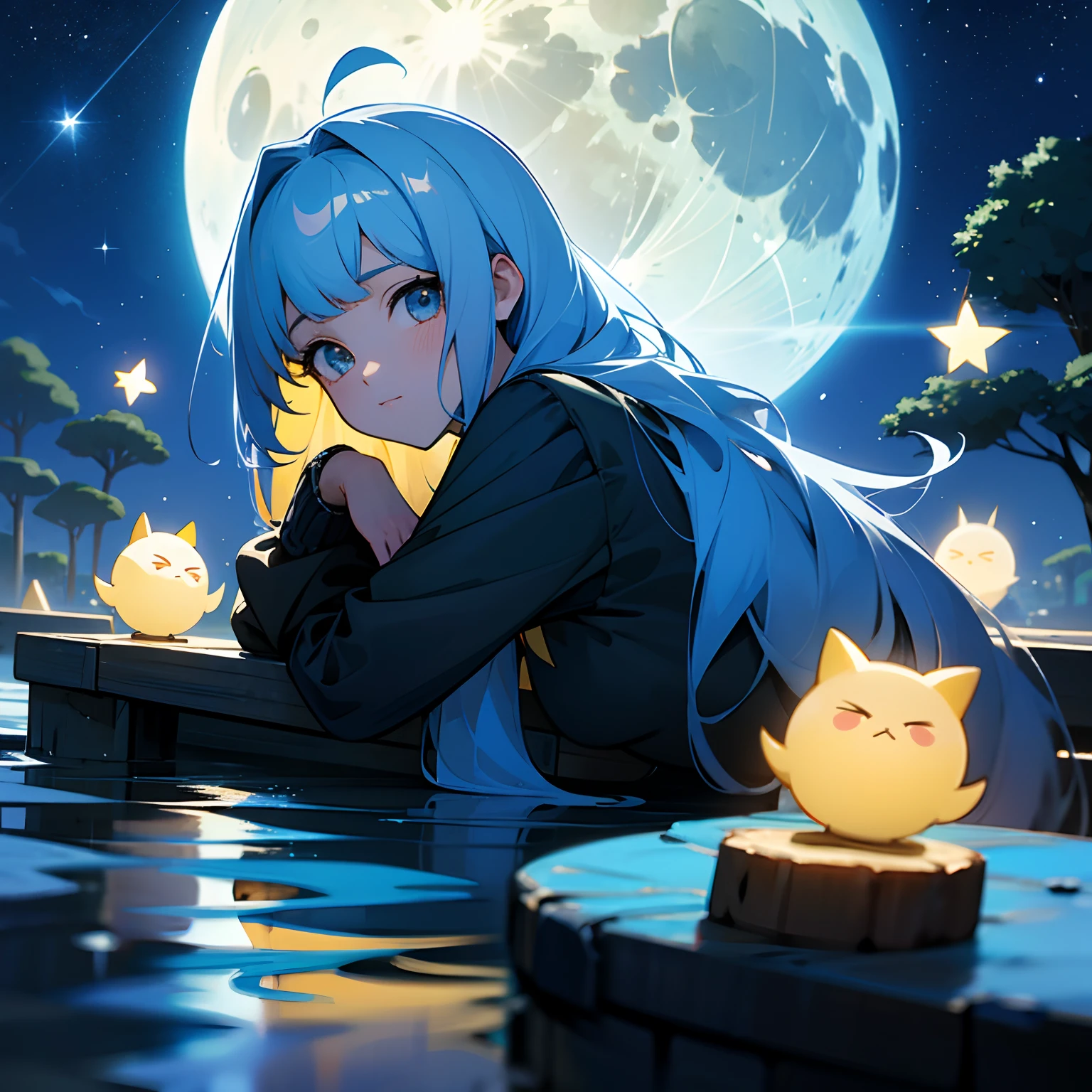 (modo anime), noche de luna llena con estrellas, chica de pelo azul claro sentada en un banco de piedra