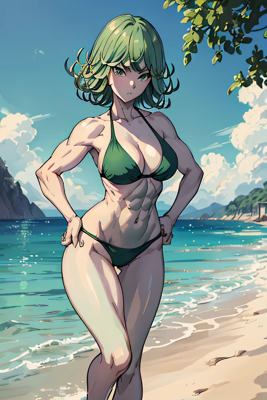 masterpiece, best quality, 1girl, alone, breasts, green eyes, looking at viewer, medium_breasts, full body, standing, ((hands on waist)), (thin waist), wearing green bikini, on the beach , green hair, (Tatsumaki: 1.7), beautiful thighs, faithful to the anime, muscular belly, barefoot, ((focus on the beautiful muscular thighs))