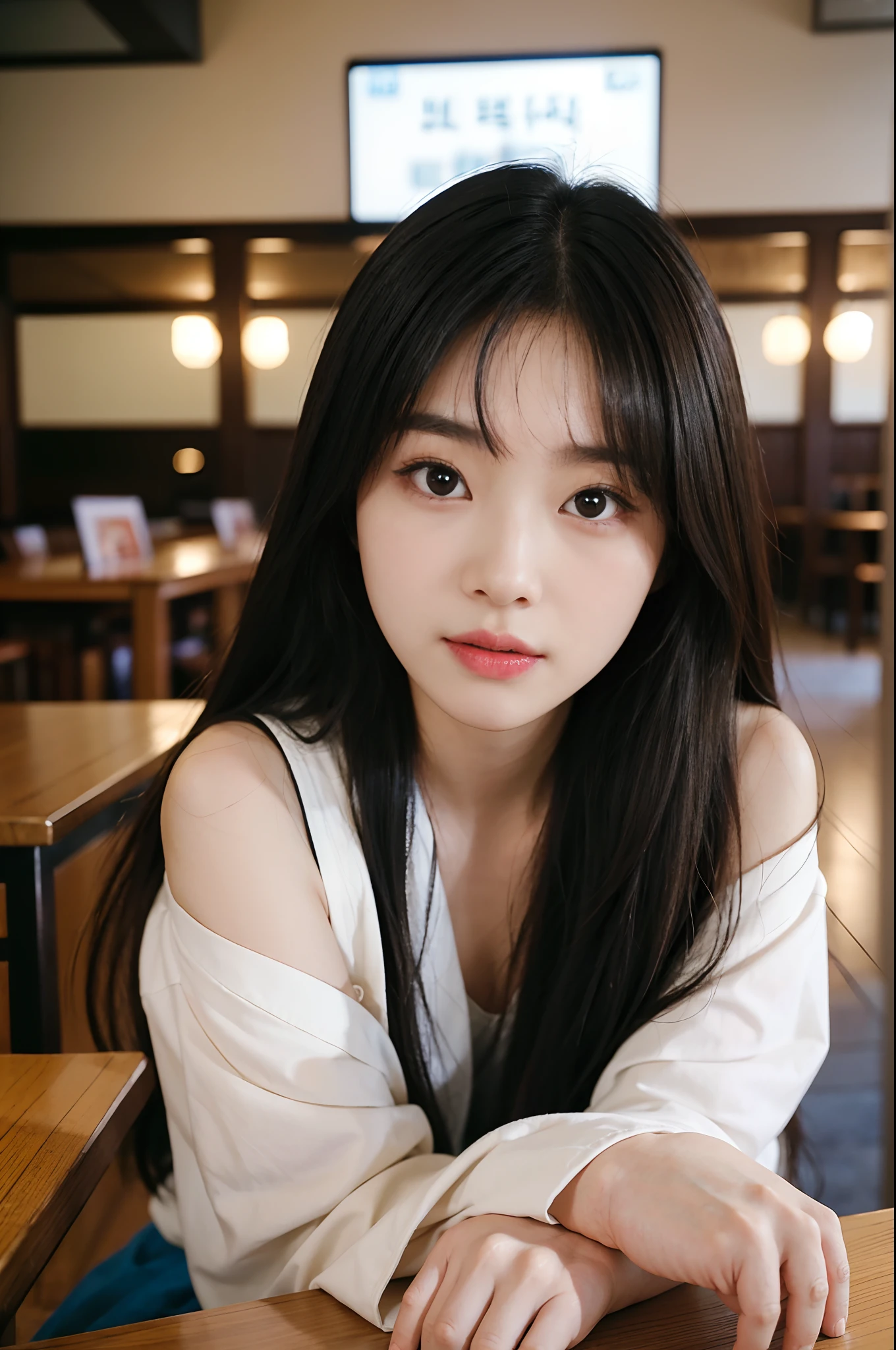 Woman with long hair is sitting at a table, wan adorable korean face, shot on nikon z9, young adorable korean face, portrait of female korean idol, she has a cute expressive face, young cute wan asian face, captured on canon eos r 6, she has a cute face, Shooting on Canon EOS R 5, Shot on Canon EOS R5