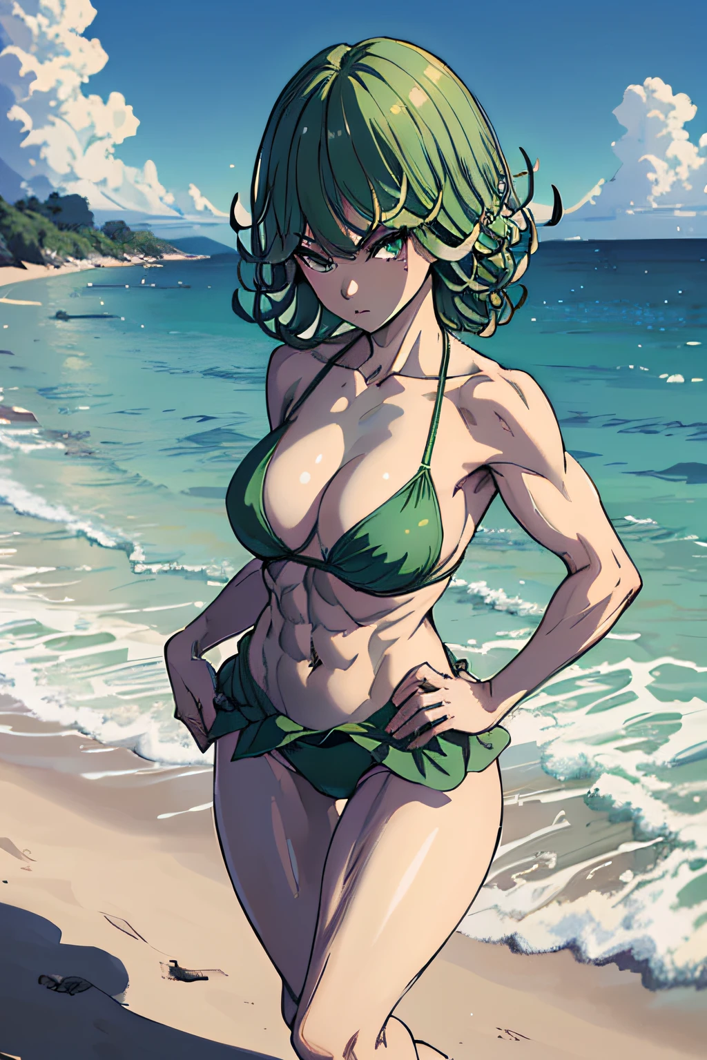masterpiece, best quality, 1girl, alone, breasts, green eyes, looking at viewer, medium_breasts, full body, standing, ((hands on waist)), (thin waist), wearing green bikini, on the beach , green hair, (Tatsumaki: 1.7), beautiful thighs, faithful to the anime, muscular belly, barefoot, ((focus on the beautiful muscular thighs))