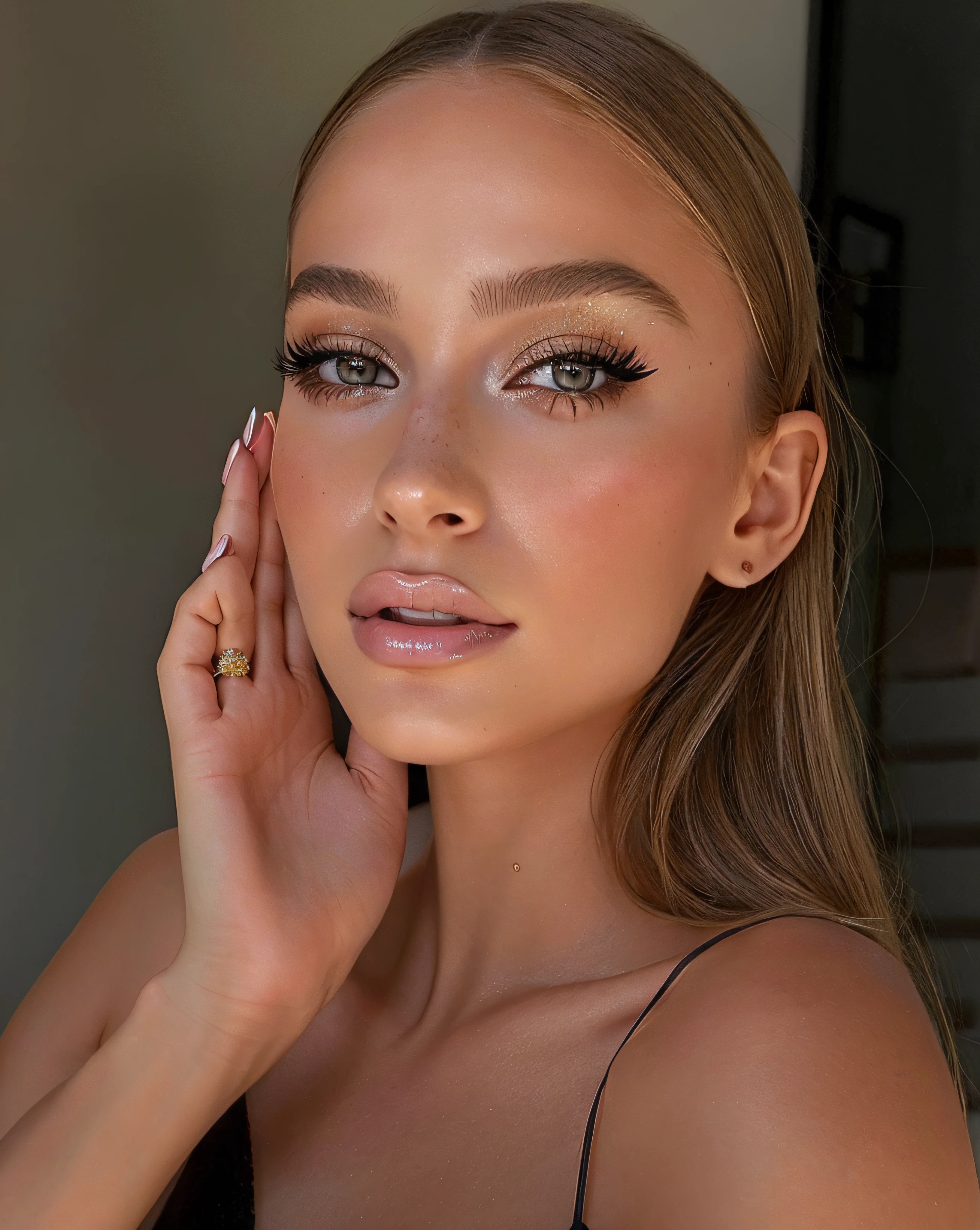 mujer rubia con un vestido negro y un anillo en el dedo, Retrato Sophie Mudd, Cara sexy con maquillaje completo, maquillaje suave, maquillaje claro, glowing peach face, maquillaje sutil, Cara detallada y perfecta, Aspecto sensual, Cara impecable detallada, Cara impecable, Aspecto de la hora dorada, resplandeciente, Cara de cerca, Belleza asombrosa, Kailee Mandel