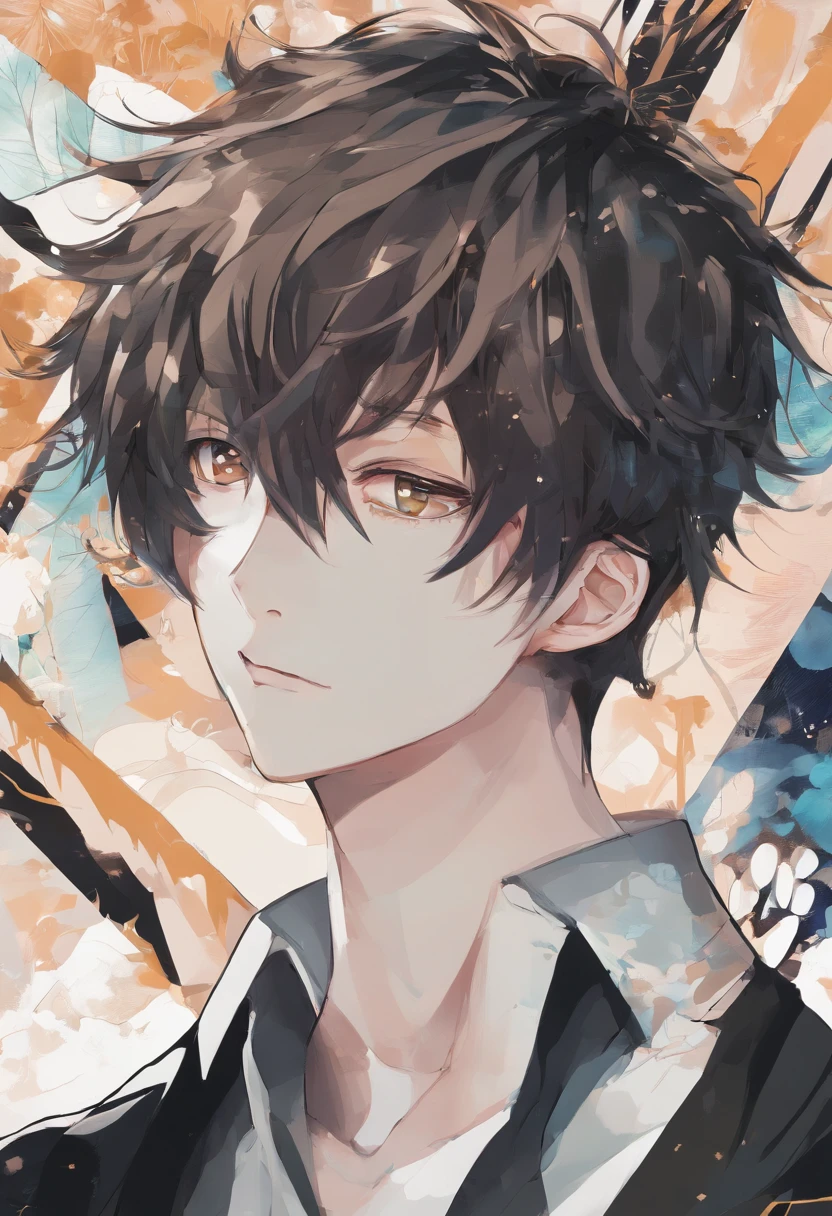 Art manga, European, cheveux noirs, Jeune homme, black clothing, regard confiant, casual, yeux marron