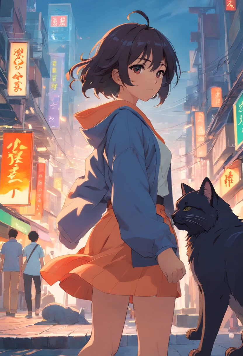 Carota de cabelos negros, Asian girl, vestindo roupa oriental, with a giant smoky feline spirit style
