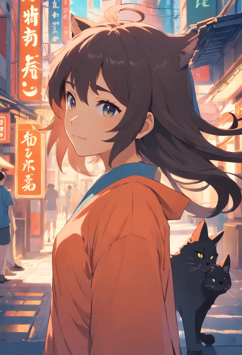Carota de cabelos negros, Asian girl, vestindo roupa oriental, with a giant smoky feline spirit style