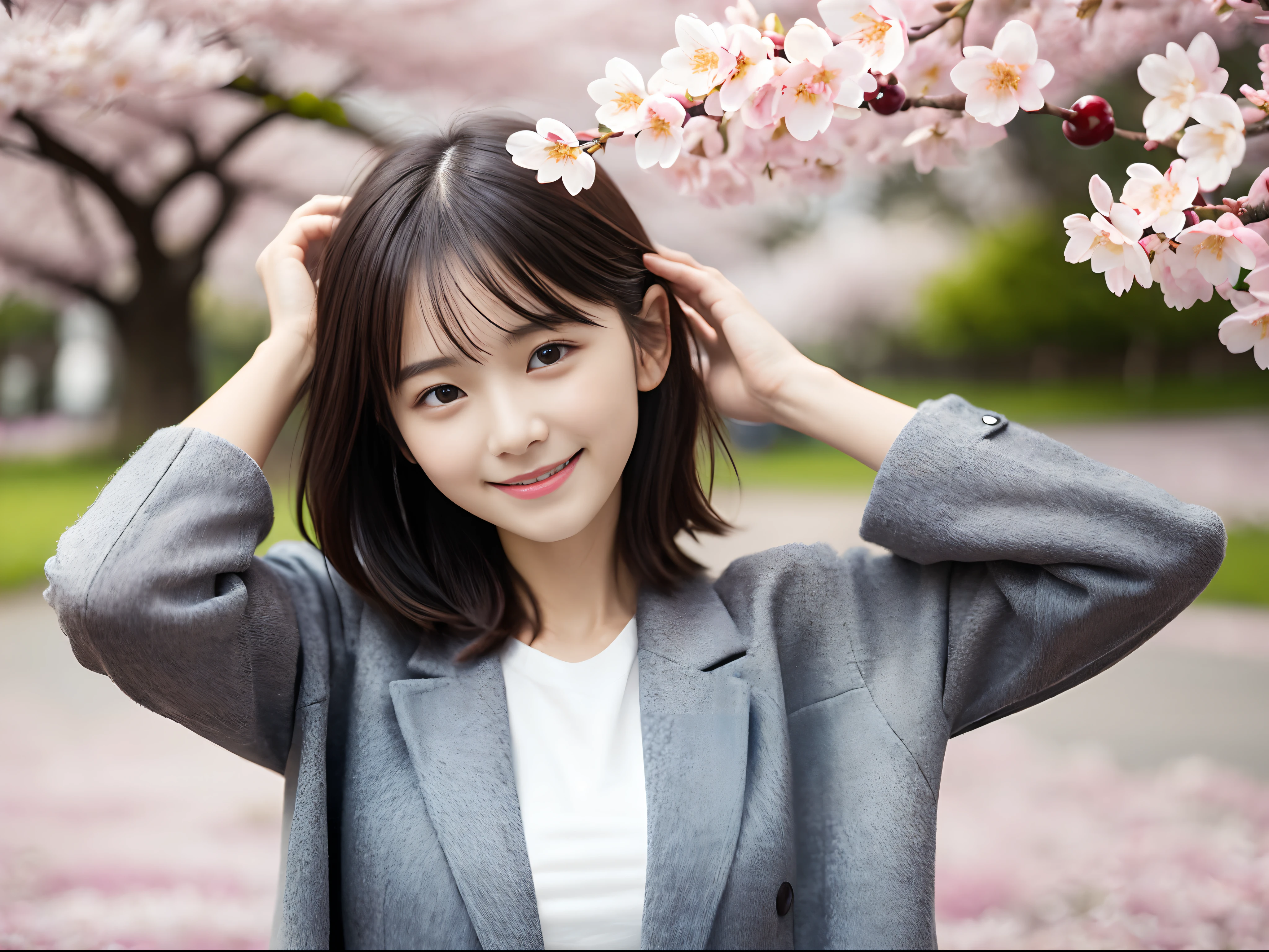 (Close up portrait of one girl with slender small breasts and short hair in spring coat and cloth :1.5)、(Girl opens her arms wide with a small smile、the hair flutters with the wind :1.5)、(Rows of cherry blossom trees in full bloom and cherry blossom petals dancing in the wind:1.5)、(Perfect Anatomy:1.3)、(No mask:1.3)、(complete fingers:1.3)、Photorealistic、Photography、masutepiece、top-quality、High resolution, delicate and pretty、face perfect、Beautiful detailed eyes、Fair skin、Real Human Skin、pores、((thin legs))、(Dark hair)