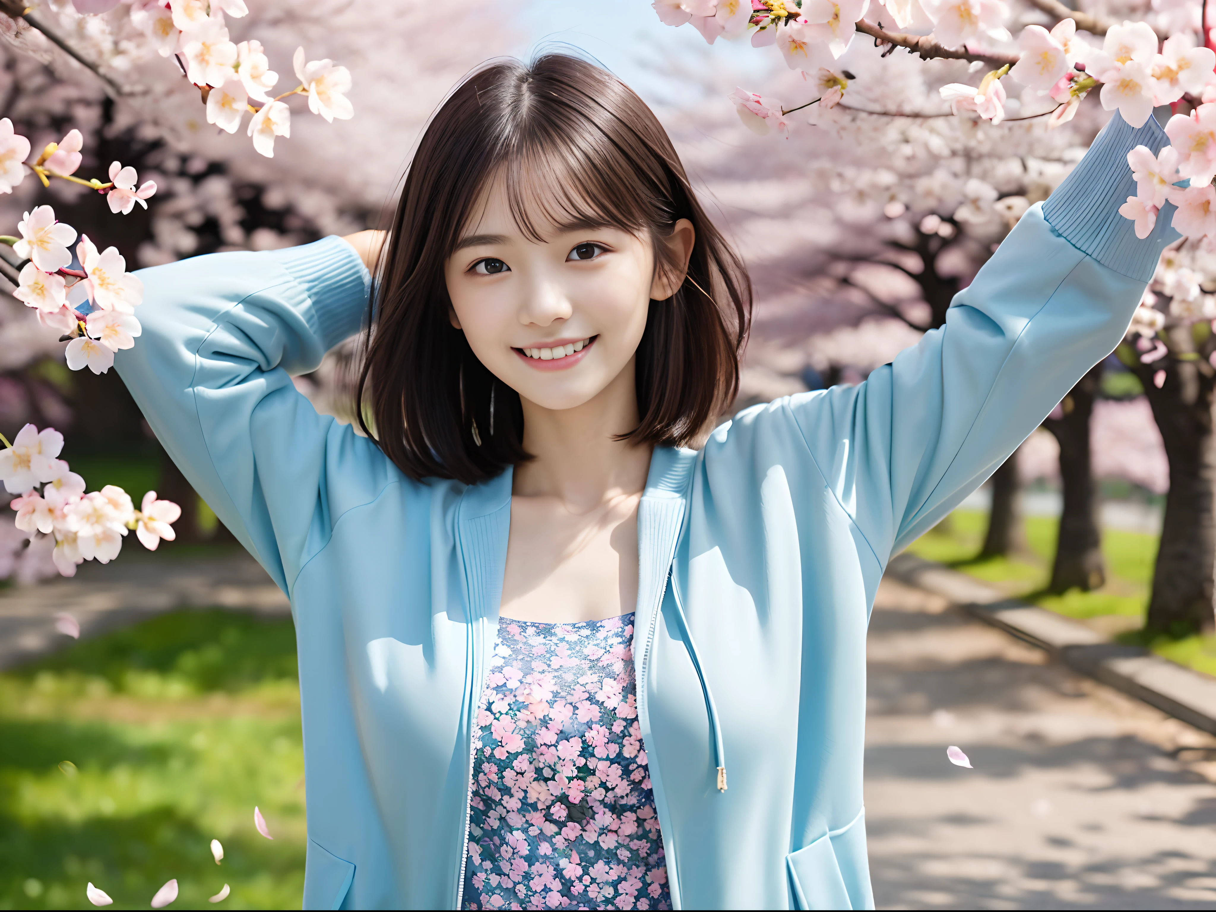 (Close up portrait of one girl with slender small breasts and short hair in spring jacket and spring shirt :1.5)、(Girl spreads her arms wide with a small smile、the hair flutters with the wind :1.5)、(Rows of cherry blossom trees in full bloom and cherry blossom petals dancing in the wind:1.5)、(Perfect Anatomy:1.3)、(No mask:1.3)、(complete fingers:1.3)、Photorealistic、Photography、masutepiece、top-quality、High resolution, delicate and pretty、face perfect、Beautiful detailed eyes、Fair skin、Real Human Skin、pores、((thin legs))、(Dark hair)