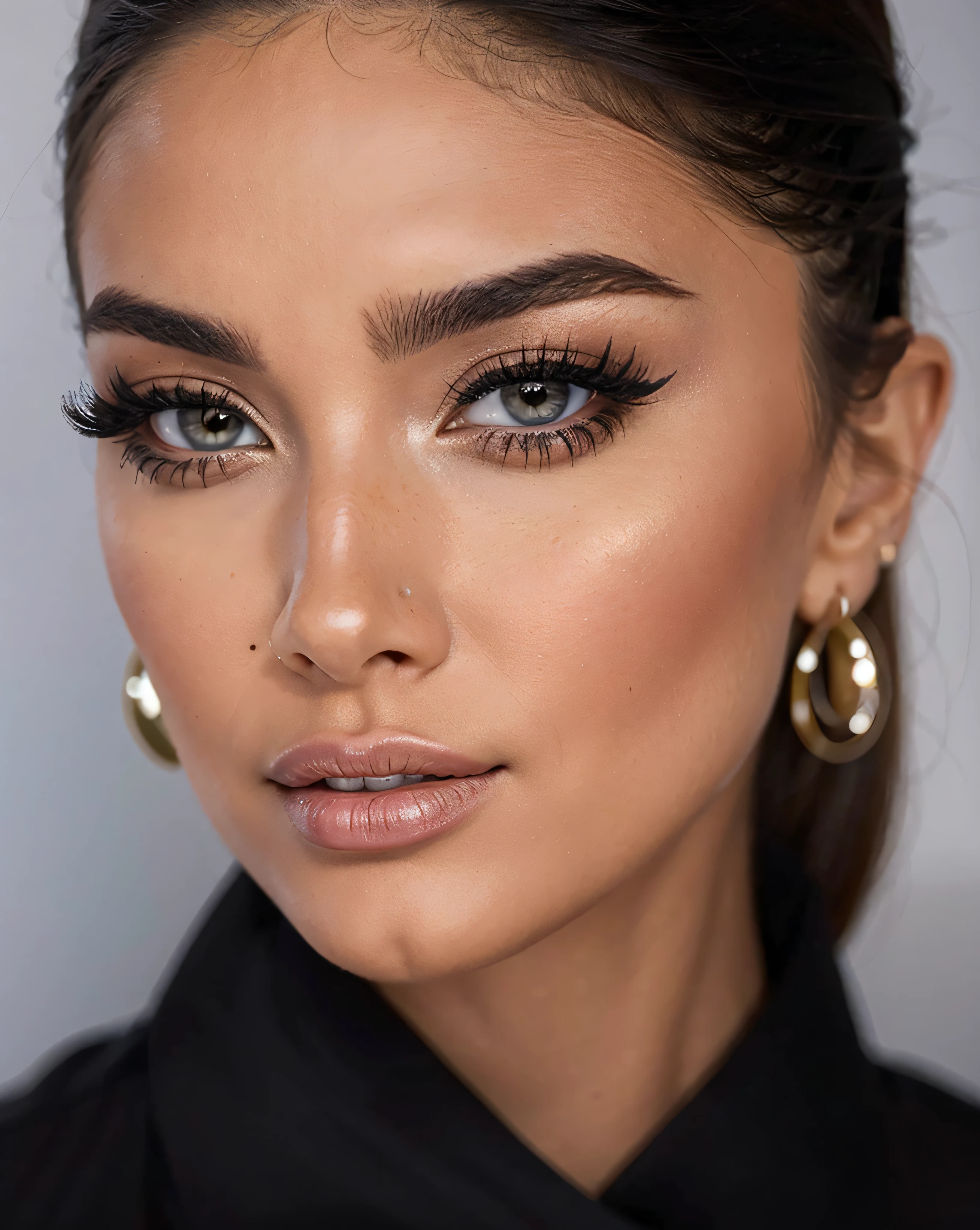 Un primer plano de una mujer con una camisa negra y aretes dorados, Cara sexy con maquillaje completo, Piel de oliva impecable, Belleza asombrosa, olivia culpo, con maquillaje profesional, Cara de cerca, Impresionante primer plano, Retrato de primer plano de cara completa, Cindy Avelino, Cara impecable, Primer plano de la cara, Hermosa cara latina, cejas grandes y gruesas audaces