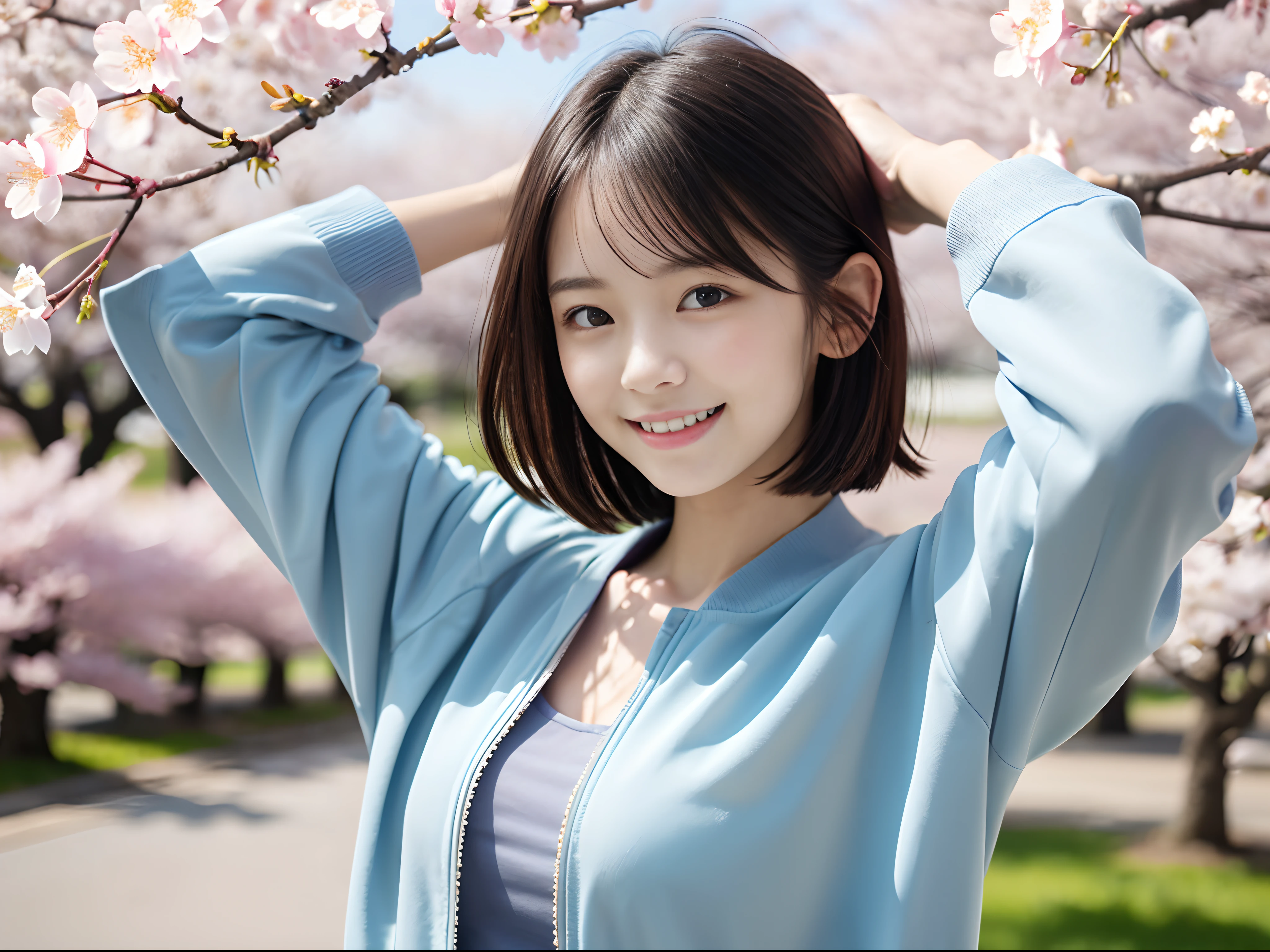 (Close up portrait of one girl with slender small breasts and short hair in spring jacket and spring shirt :1.5)、(Girl spreads her arms wide with a small smile、the hair flutters with the wind :1.5)、(Rows of cherry blossom trees in full bloom and cherry blossom petals dancing in the wind:1.5)、(Perfect Anatomy:1.3)、(No mask:1.3)、(complete fingers:1.3)、Photorealistic、Photography、masutepiece、top-quality、High resolution, delicate and pretty、face perfect、Beautiful detailed eyes、Fair skin、Real Human Skin、pores、((thin legs))、(Dark hair)