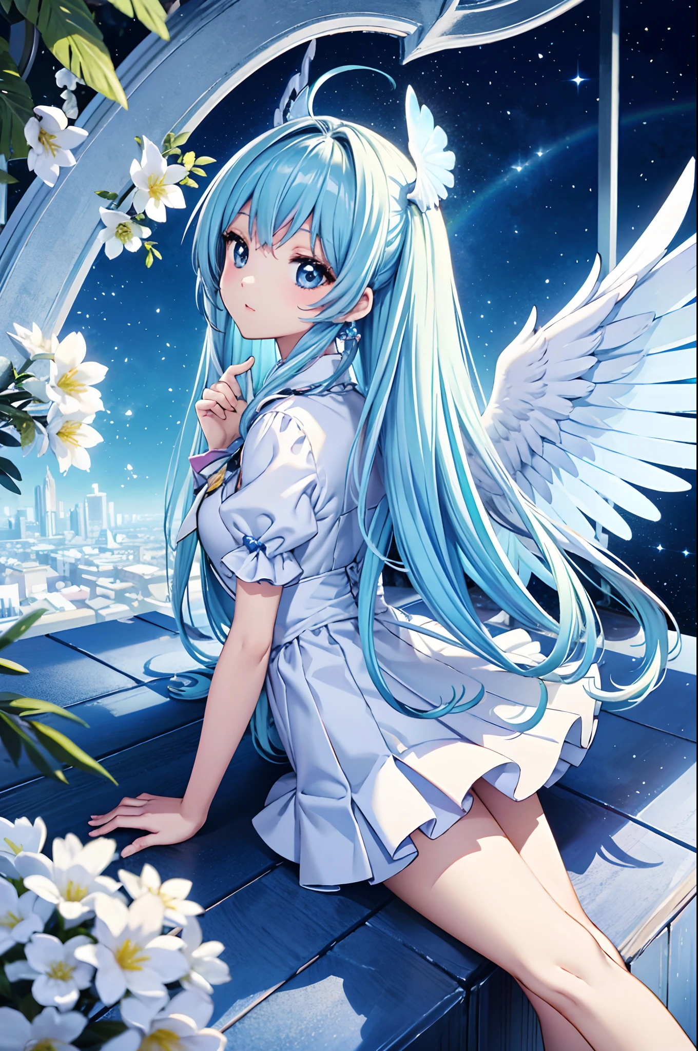 Rainbow Angel Wings、Kawaii Girl、Light blue long hair、Twin-tailed、Colorful angel costume、((top-quality))、((​masterpiece))、(ighly detailed、highestdetailed、Official art、Beautifully Aesthetic:1.2)