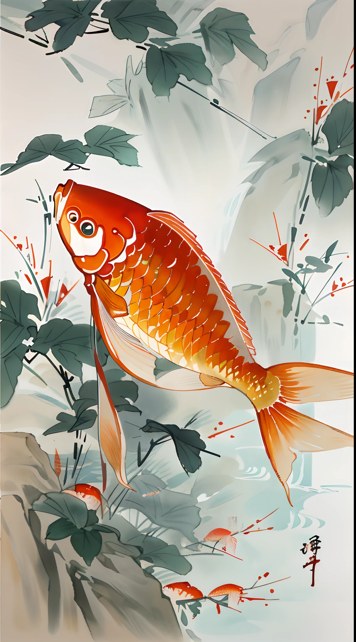 carp，[(white background:1.5)::5]，中景 the scene is，full bodyesbian，China-style，florals，stone fragment，Beautiful and delicate water，Wood grain flooring