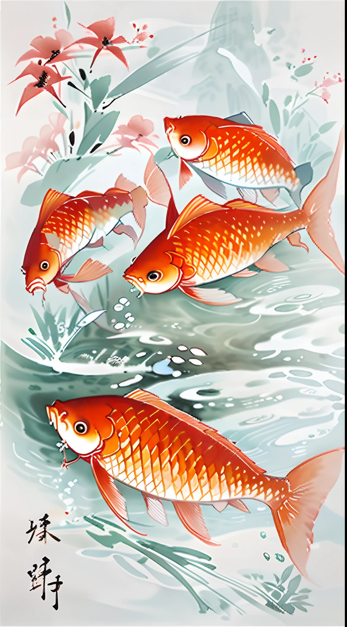 carp，[(white background:1.5)::5]，中景 the scene is，full bodyesbian，China-style，florals，stone fragment，Beautiful and delicate water，Wood grain flooring