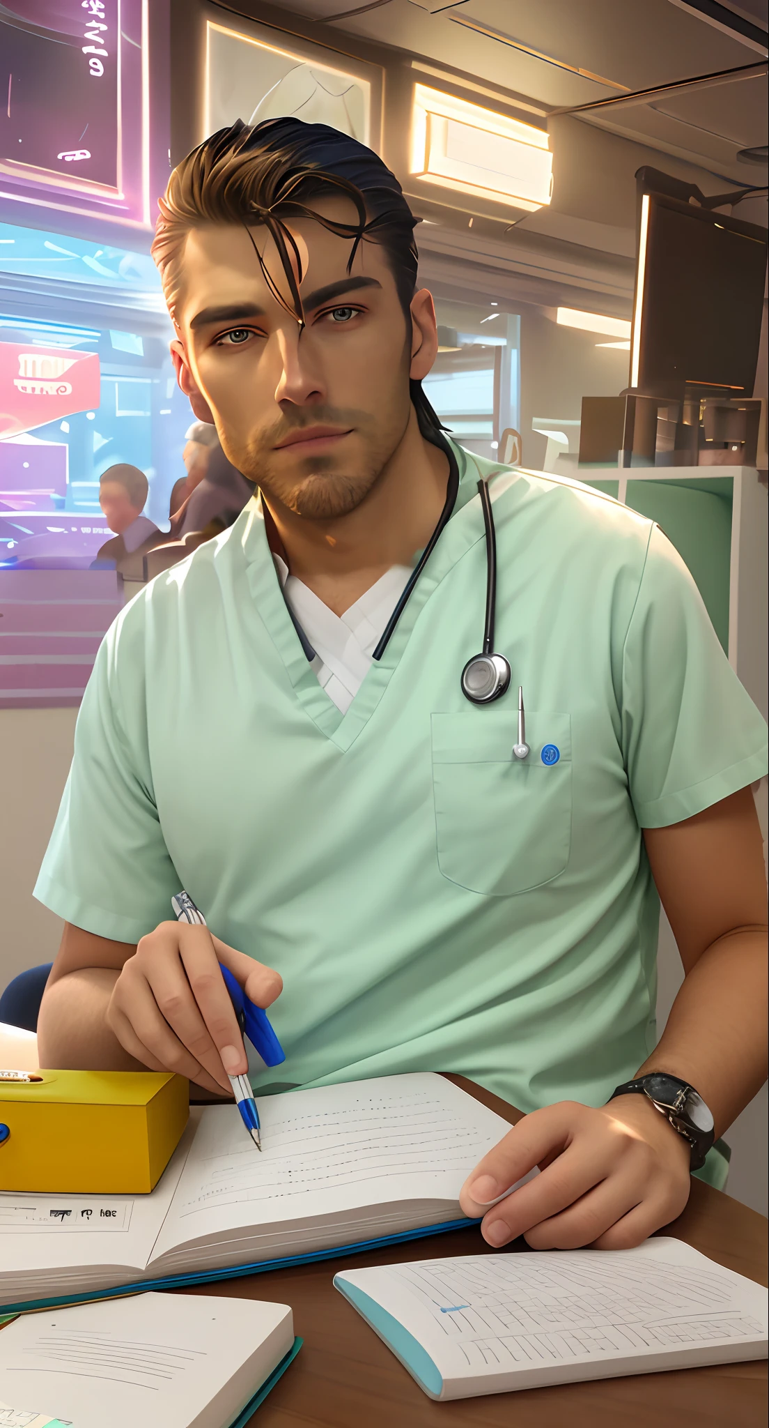 crear bata blanca clinica de doctor sentado en su escritorio de su consultorio, debajo de la bata blanca viste una camisa azul cielo, en su escritorio tiene una libreta de notas y un estetoscopio clinico, tiene sus manos sobre el escritorio. en el escritorio tiene una escultura que es el simbolo de la medicina