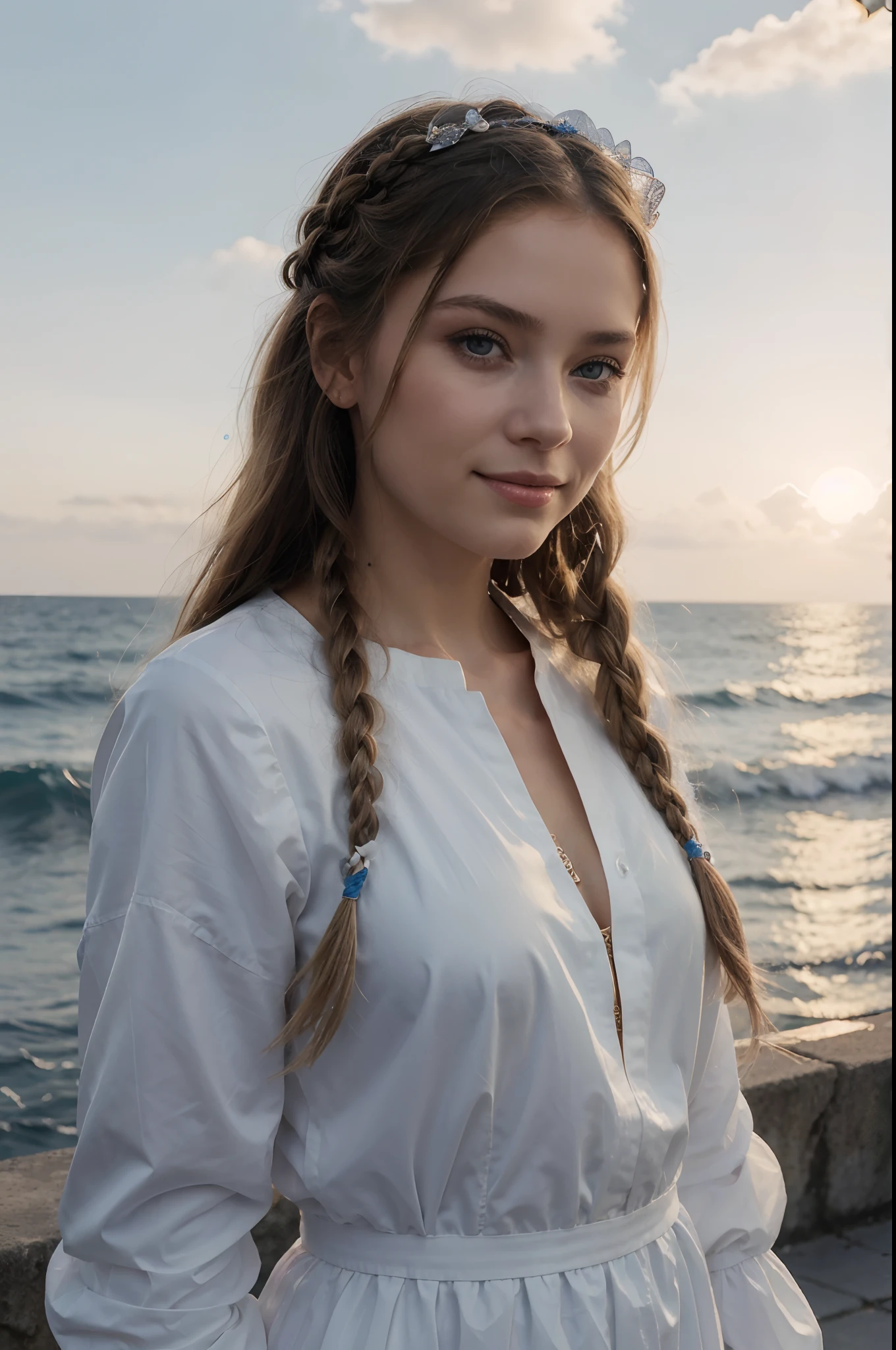 ,((Best quality))),8k,((Masterpiece)),(Extremely refined and beautiful), Il y a une fille qui sort de la mer, une princesse cygne dans la mythologie russe, beau visage calme, yeux bleus, Long braided blonde hair, The moon braided the hair at the back of the head, old shiny white Russian clothes with a Kokoshnik crown on the head, Yeux affectueux, Un demi-sourire, une expression douce sur son visage, Seascape and sunlight in the background, mouettes dans le ciel, pleine longueur, realism