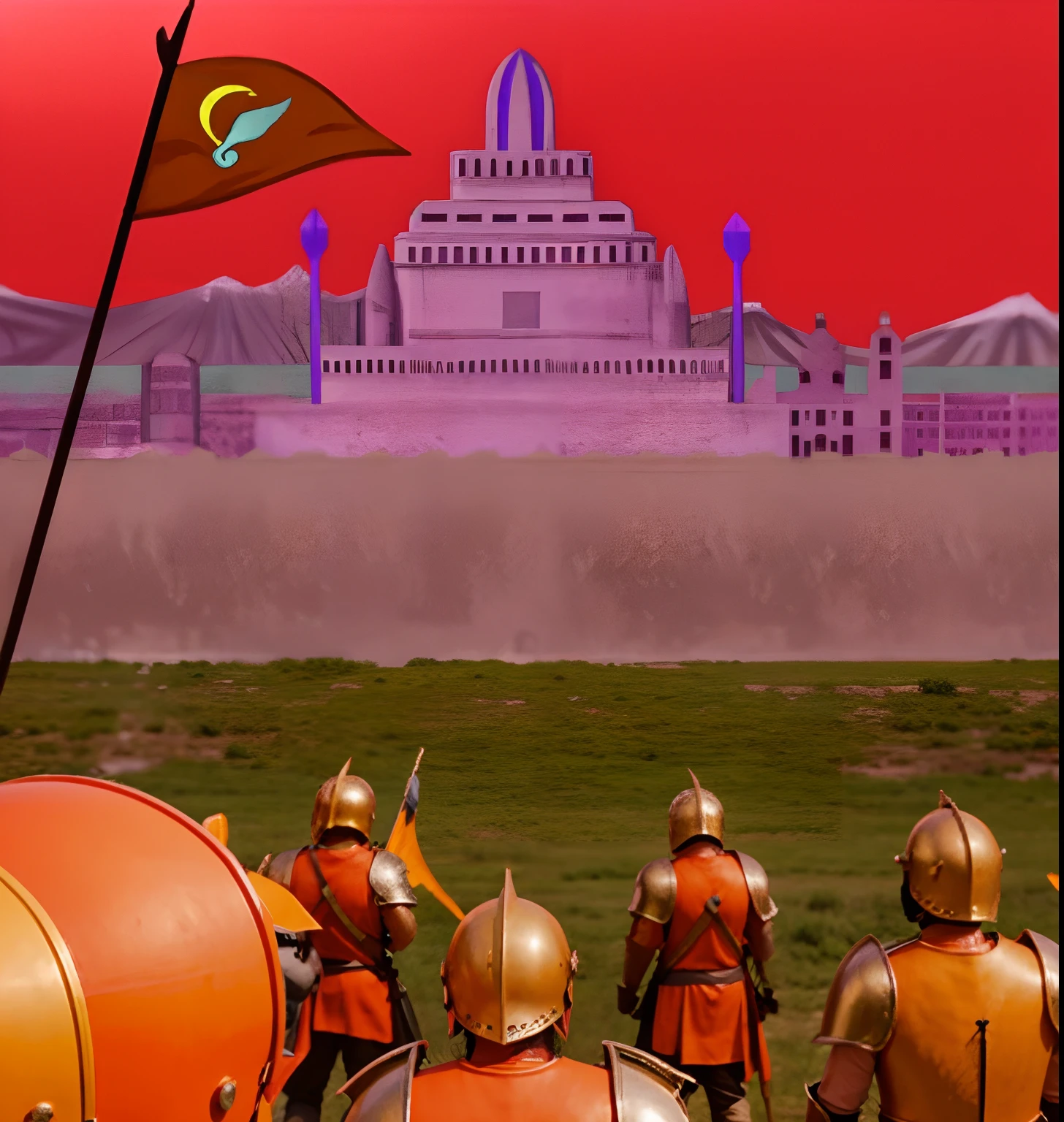 a group of medieval fantasy soldiers, orange armor, marching, seen from behind,