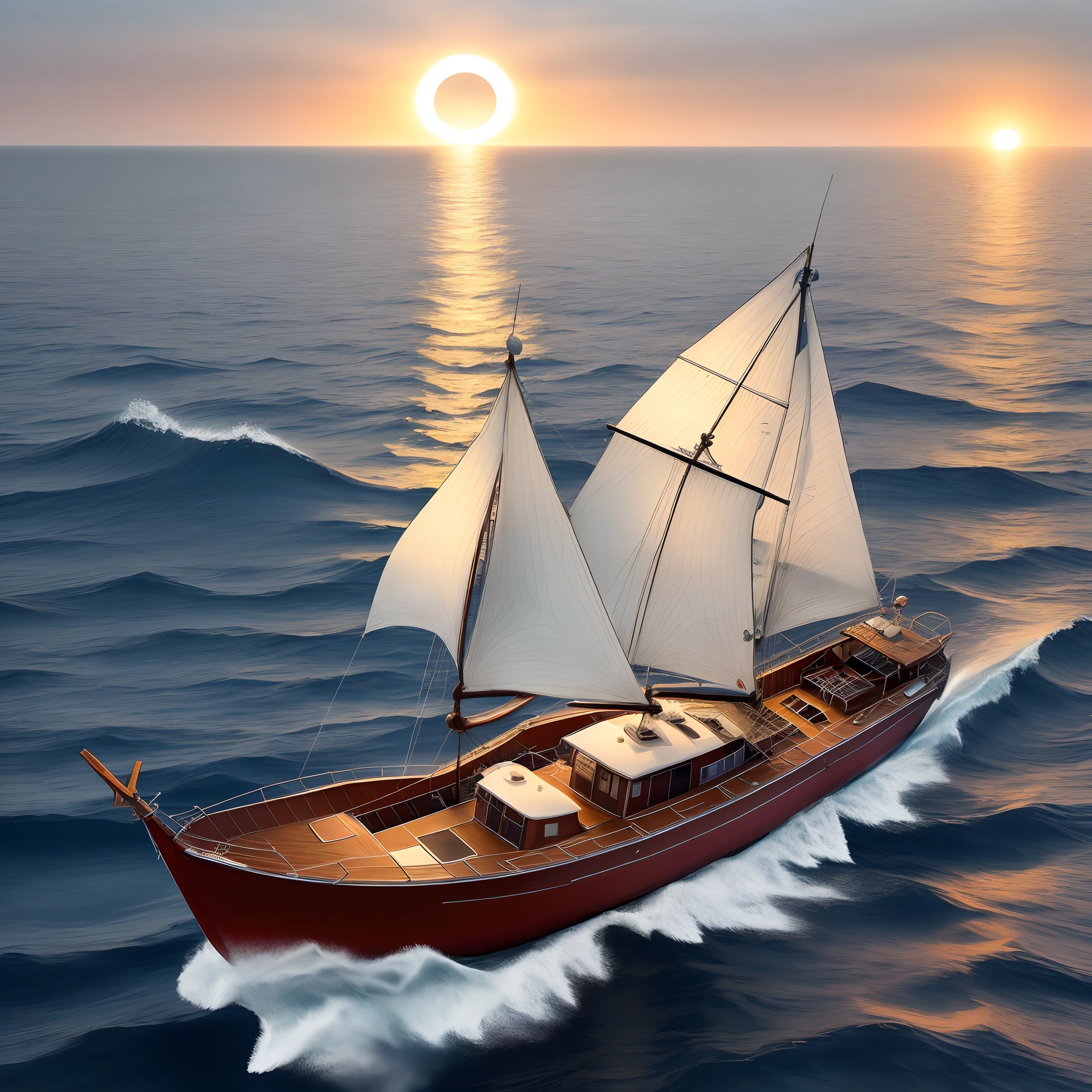 Deep-sea cross-sectional view，A small boat sails on the sea，sunraise