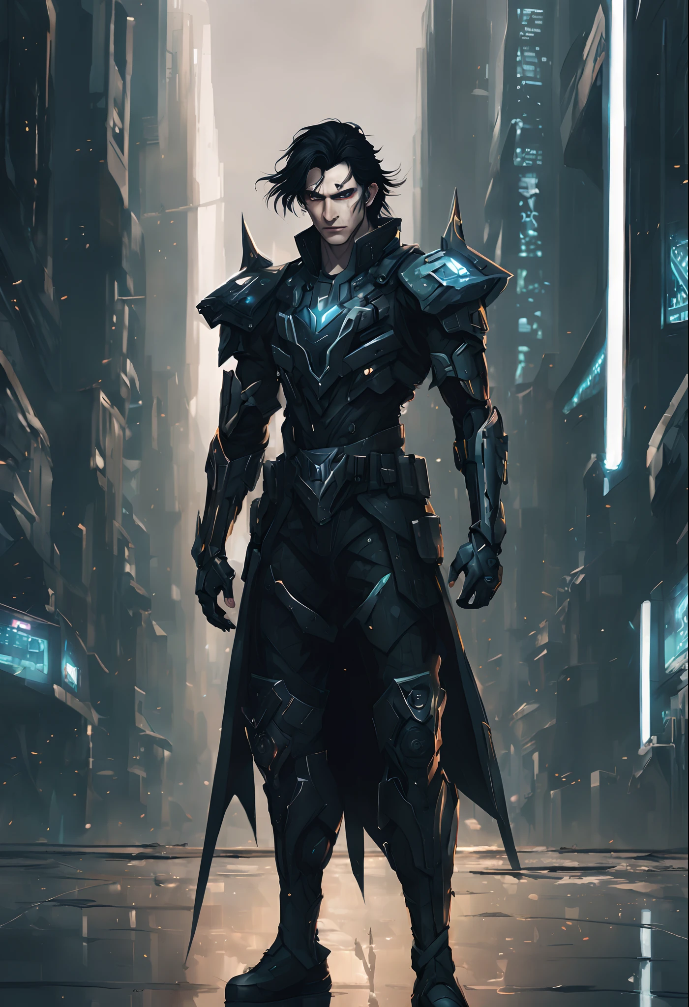 A fierce black-haired elf man with pale skin stands tall in a futuristic cyberpunk world, with a scar on his face, a 30 year old man, their piercing gaze fixed on the viewer. Their black shirt is adorned with intricate cybernetic designs, a symbol of their strength and power as an army general, a war hero, a squarer and stronger face, smiling at the camera showing your determination, a family man