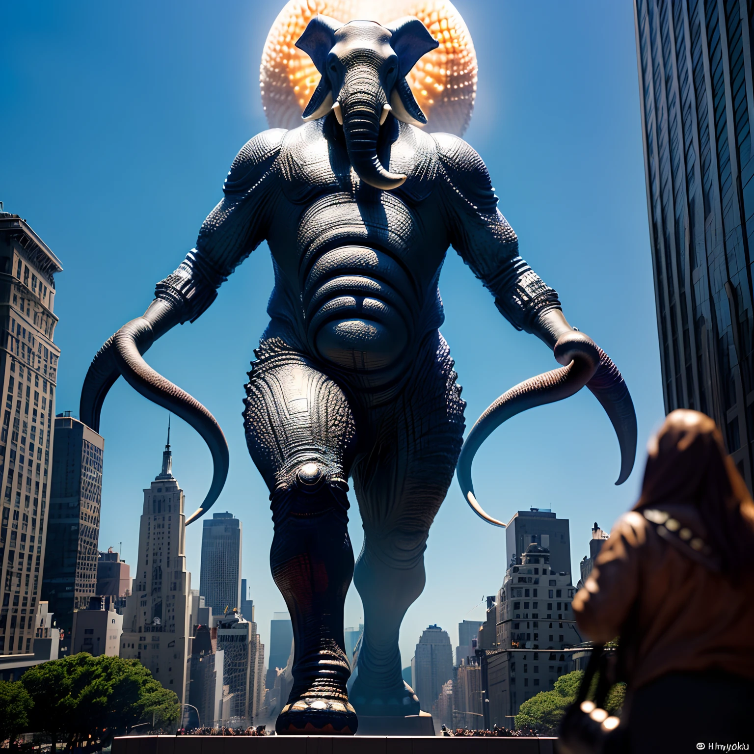 there is a statue of an elephant with its mouth open, a surrealist sculpture by Hiroyuki Tajima, featured on zbrush central, surrealism, looming creature with a long, kaiju towering above new york, kaiju cephalopod, nanotech demonic monster horror, scary monster statues, bizarre alien creature, giant kaiju starfish monster