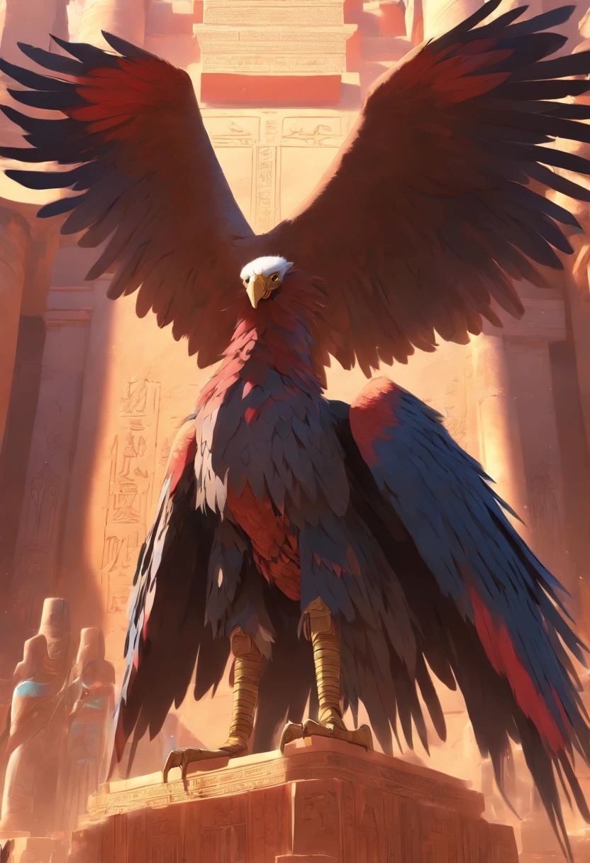 (((God Vulture))) best quality, very high resolution, detailed CG in 4K, masterpiece, Egyptian mythology, Nekhbet, adornment, sun in the background, Ancient Egypt, standing pose, blue and red feathers, Egyptian temple, desert, Ancient Egypt, ((vulture god)), Egyptian palace, aesthetics, beautiful image, centered on screen, standing pose