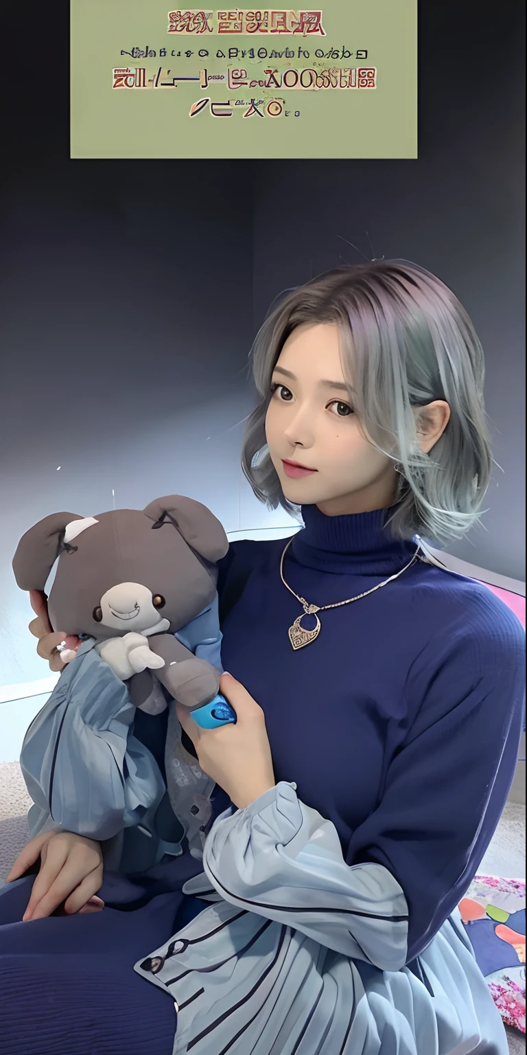 A woman, short gray hair, wearing a necklace, blue clothes, holding a doll and cellphone, realistic,