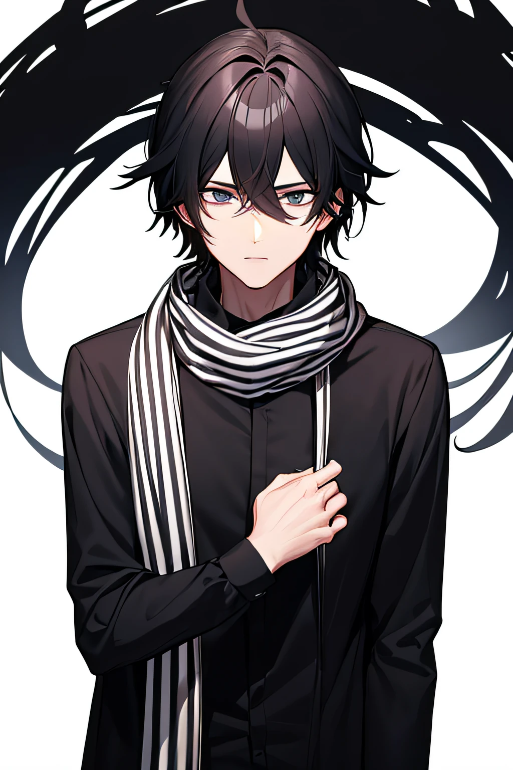 serious male anime character with black messy hair wearing black long sleeve shirt and a stripped scarf covering the face (ultra high quality 32k, masterpiece, white background)