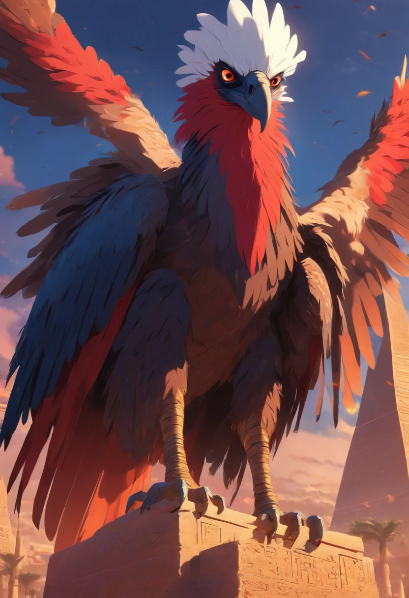 (((God Vulture))) best quality, very high resolution, detailed CG in 4K, masterpiece, Egyptian mythology, Nekhbet, adornment, sun in the background, Ancient Egypt, standing pose, blue and red feathers, Egyptian temple, desert, Ancient Egypt, ((vulture god)), Egyptian palace, aesthetics, beautiful image, centered on screen, standing pose