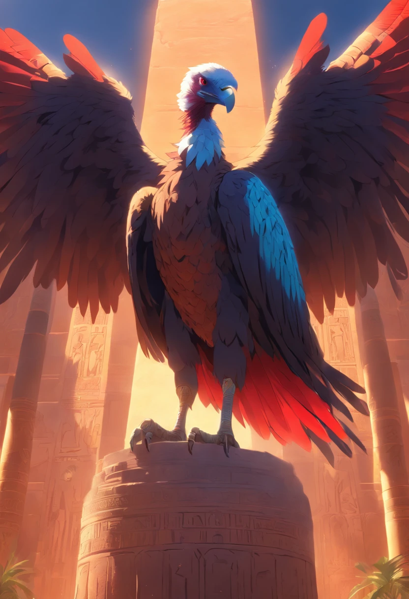 (((God Vulture))) best quality, very high resolution, detailed CG in 4K, masterpiece, Egyptian mythology, Nekhbet, adornment, sun in the background, Ancient Egypt, standing pose, blue and red feathers, Egyptian temple, desert, Ancient Egypt, ((vulture god)), Egyptian palace, aesthetics, beautiful image, centered on screen, standing pose