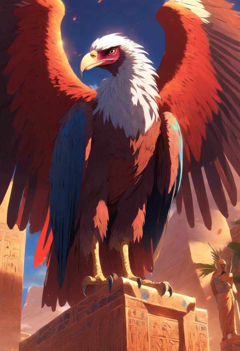 (((God Vulture))) best quality, very high resolution, detailed CG in 4K, masterpiece, Egyptian mythology, Nekhbet, adornment, sun in the background, Ancient Egypt, standing pose, blue and red feathers, Egyptian temple, desert, Ancient Egypt, ((vulture god)), Egyptian palace, aesthetics, beautiful image, centered on screen, standing pose