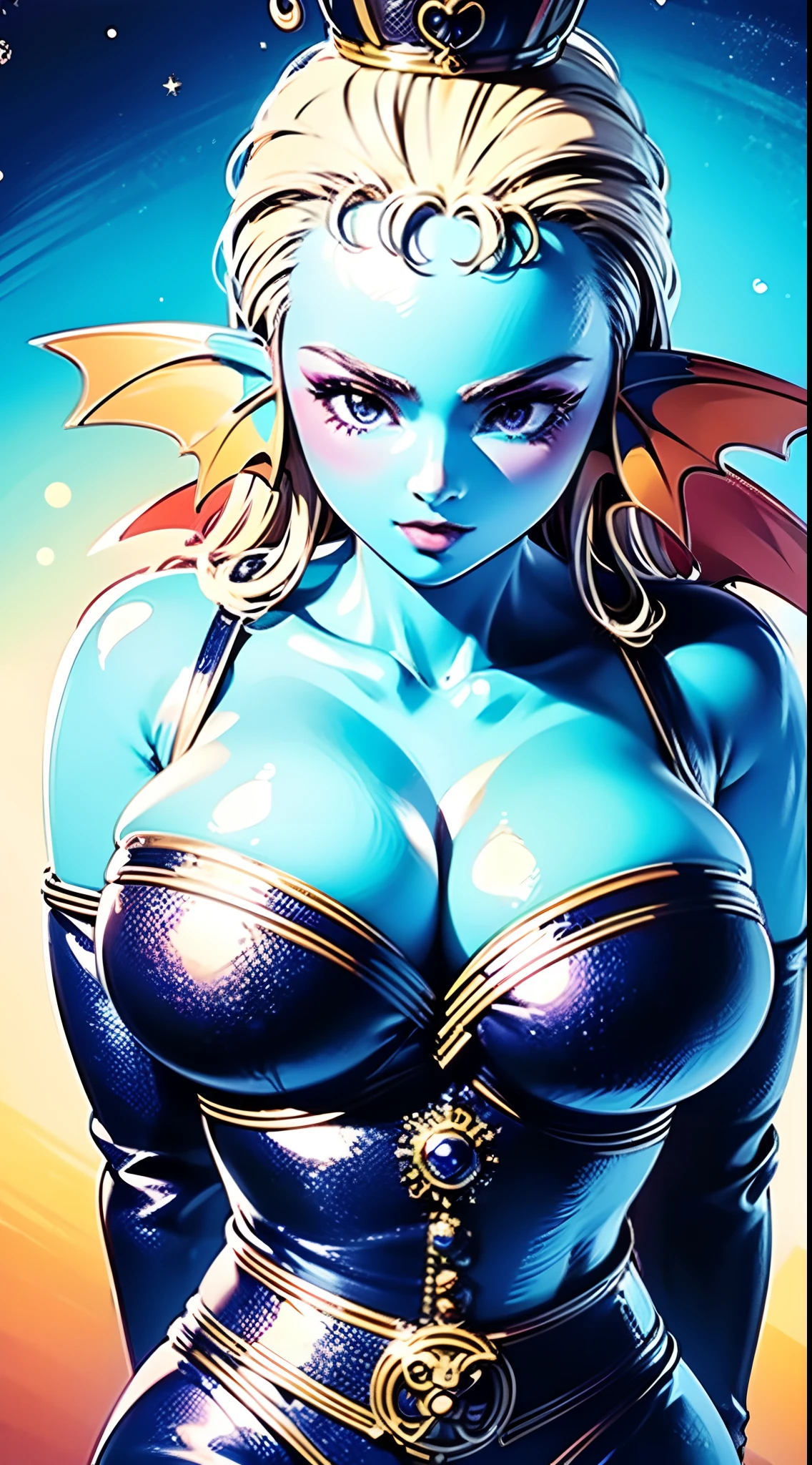 8K,High quality,Anime,married woman,Beautiful,Beautiful,Bright,Eye Highlights,Purple eyes,Sexy,ultra gigantic tits,oversized tits,Dark blue ,Erotic,beautiful line art. Blue skin, Blue and orange gradient fins, , Nothing on, Nothing on, Nothing on, Nothing on, ,