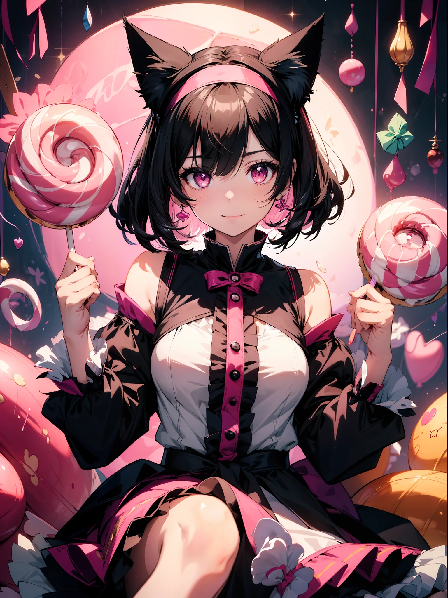 1 girl, character focus, close to viewer, (upper body), (holding a big lollipop) , (stick out tongue:0.7), cat ears hairband ,black hair, pale pink eyes,smile,floating many candys and cookies  ,high resolution,(incredibly absurdres),anime visual,extremely detailed CG unity 8k wallpaper, ((masterpiece)), ((top-quality)), (beautiful illustration), ((an extremely delicate and beautiful))