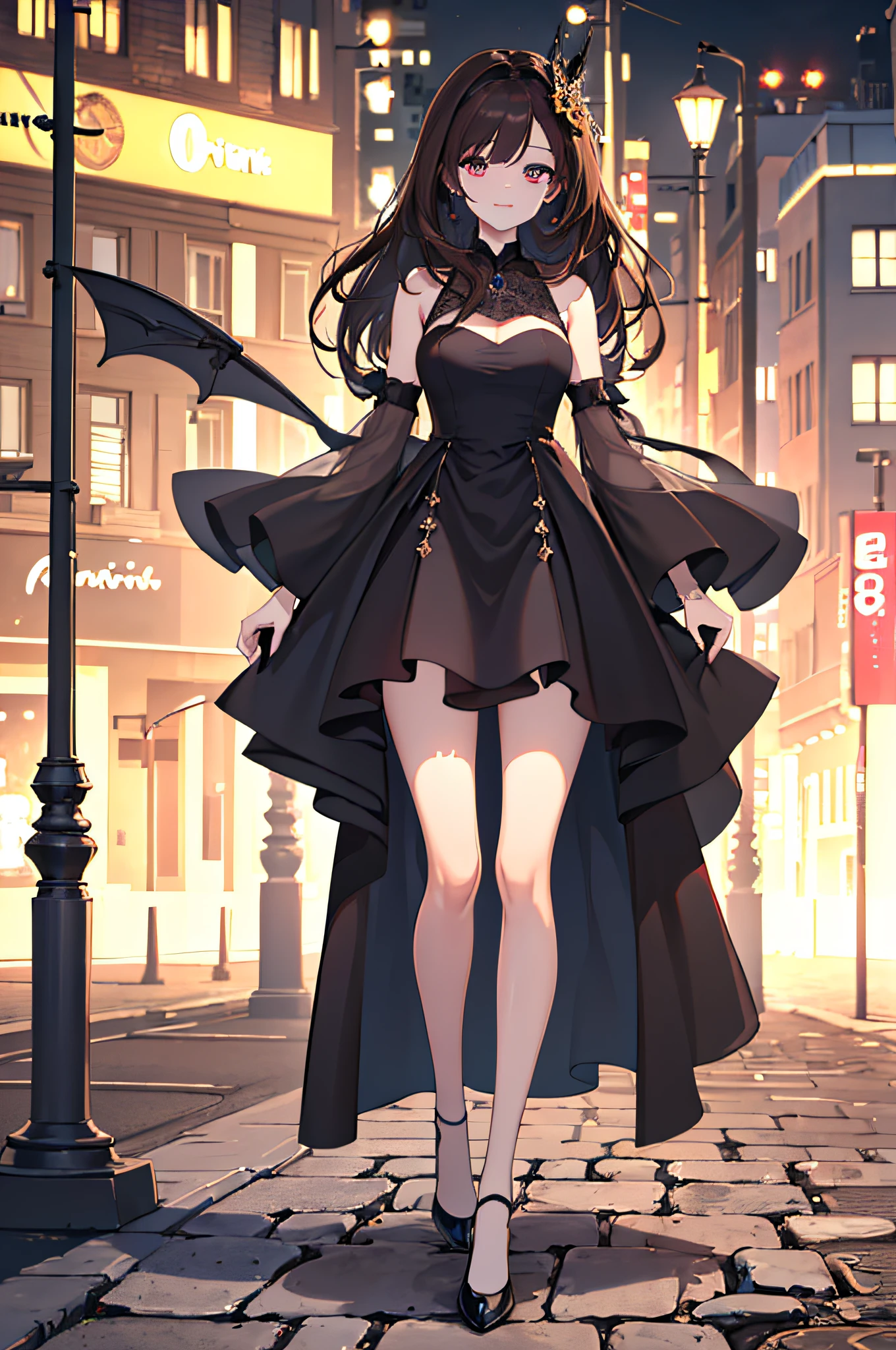((Best quality, 8k, Masterpiece :1.3)), 1girl, smiling, full body, slim face, Pretty woman, (Dark brown hair), full length dress :1.1, Ultra-detailed face, Detailed eyes, Double eyelid, blur background, slim face, city, outside, street,
