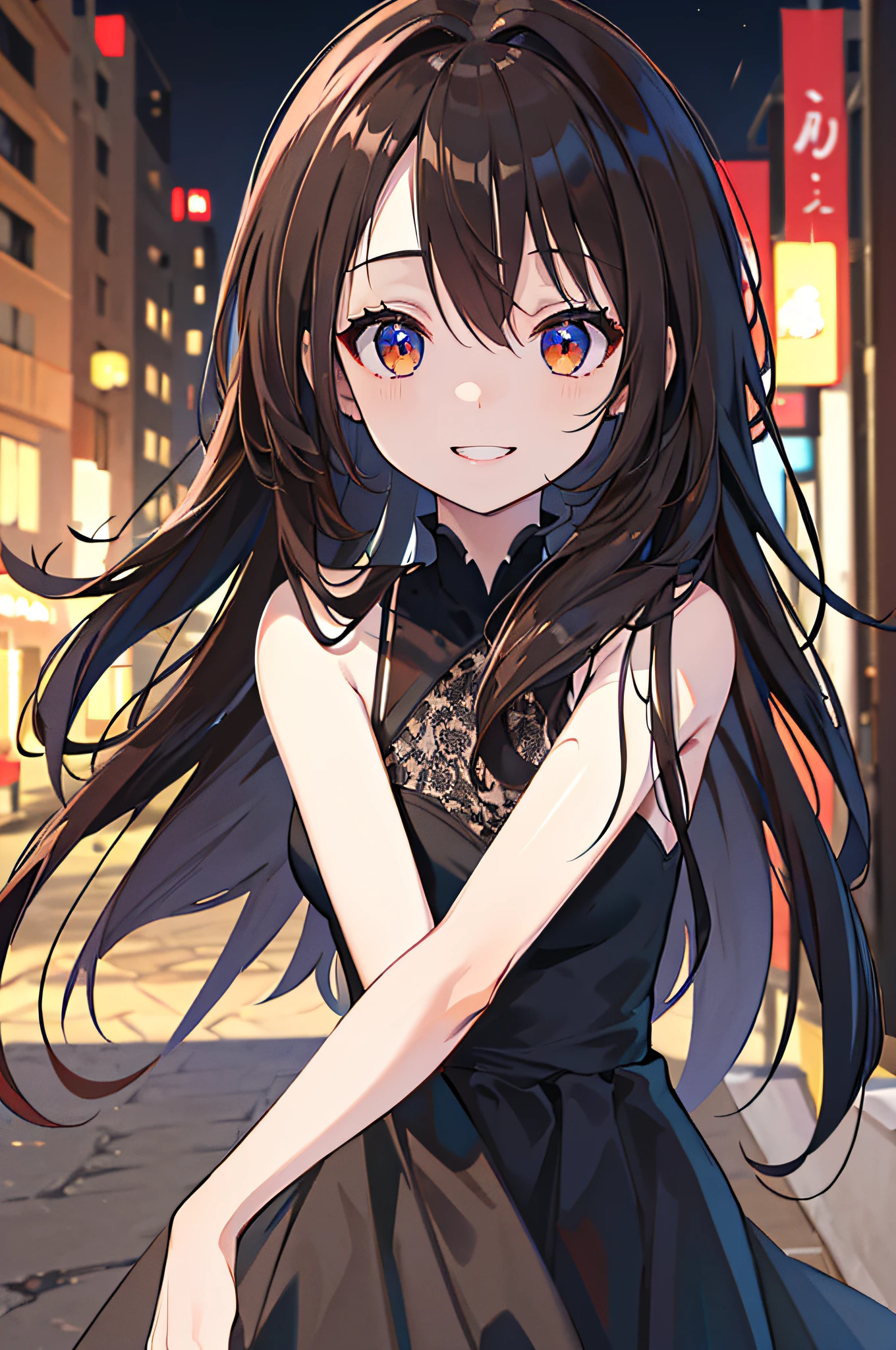 ((Best quality, 8k, Masterpiece :1.3)), 1girl, smiling, full body, slim face, Pretty woman, (Dark brown hair), full length dress :1.1, Ultra-detailed face, Detailed eyes, Double eyelid, blur background, slim face, city, outside, street,