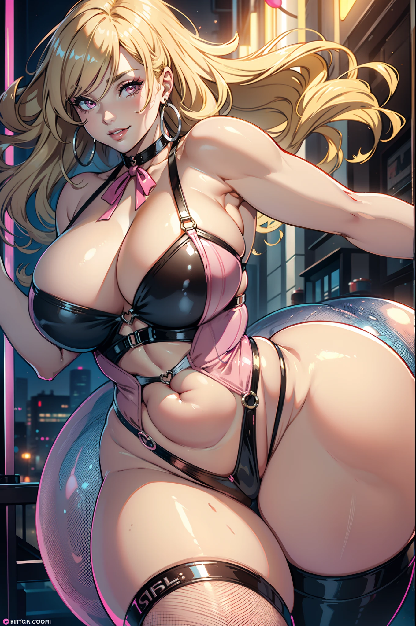 Best quality, solo mature woman, giant breasts, giant ass, very curvy, blonde styled hair, Mavuelous pink eyes, full lips, seductive, smiling, ribbon in hair, choker, sexy fishnet bodysuit, silver hoops, thick thighs, curvy physique