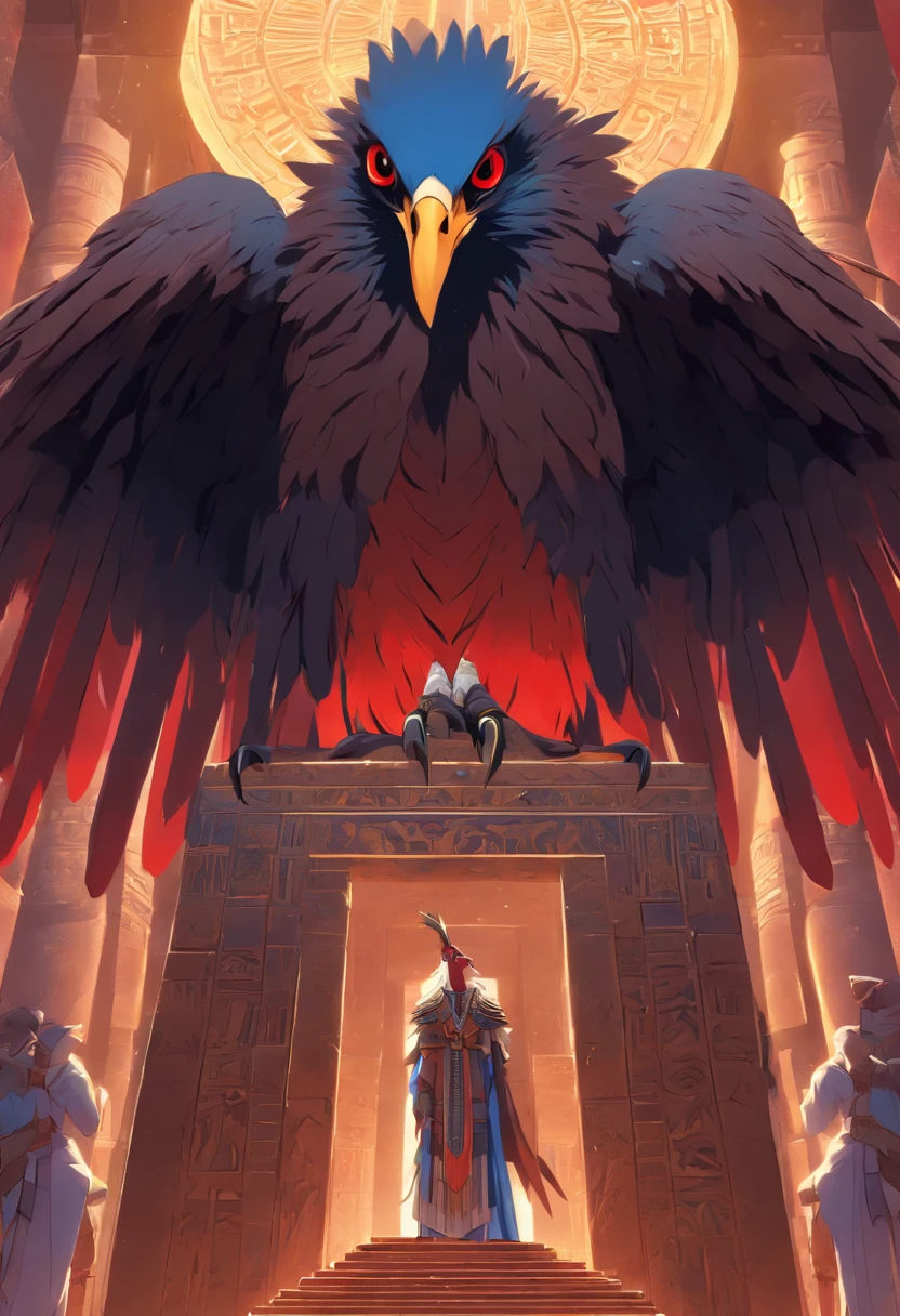 (((God Vulture))) best quality, very high resolution, detailed CG in 4K, masterpiece, Egyptian mythology, Nekhbet, adornment, sun in the background, Ancient Egypt, standing pose, blue and red feathers, Egyptian temple, desert, Ancient Egypt, ((vulture god)), Egyptian palace, aesthetics, beautiful image, centered on screen, standing pose