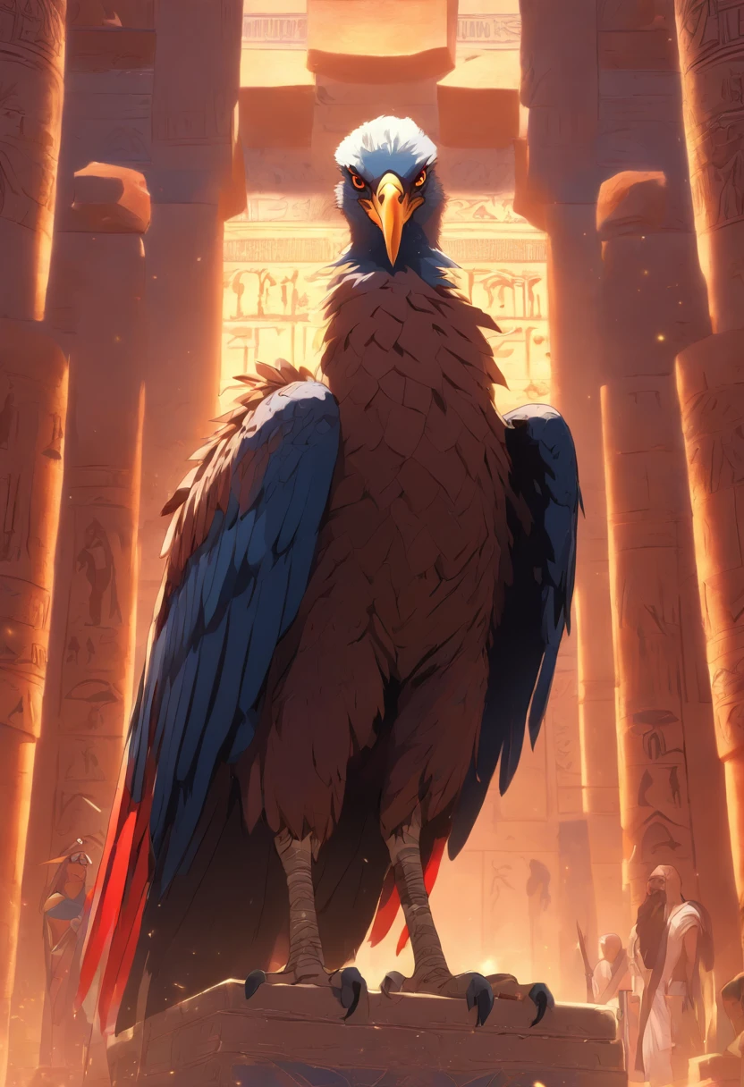 (((God Vulture))) best quality, very high resolution, detailed CG in 4K, masterpiece, Egyptian mythology, Nekhbet, adornment, sun in the background, Ancient Egypt, standing pose, blue and red feathers, Egyptian temple, desert, Ancient Egypt, ((vulture god)), Egyptian palace, aesthetics, beautiful image, centered on screen, standing pose