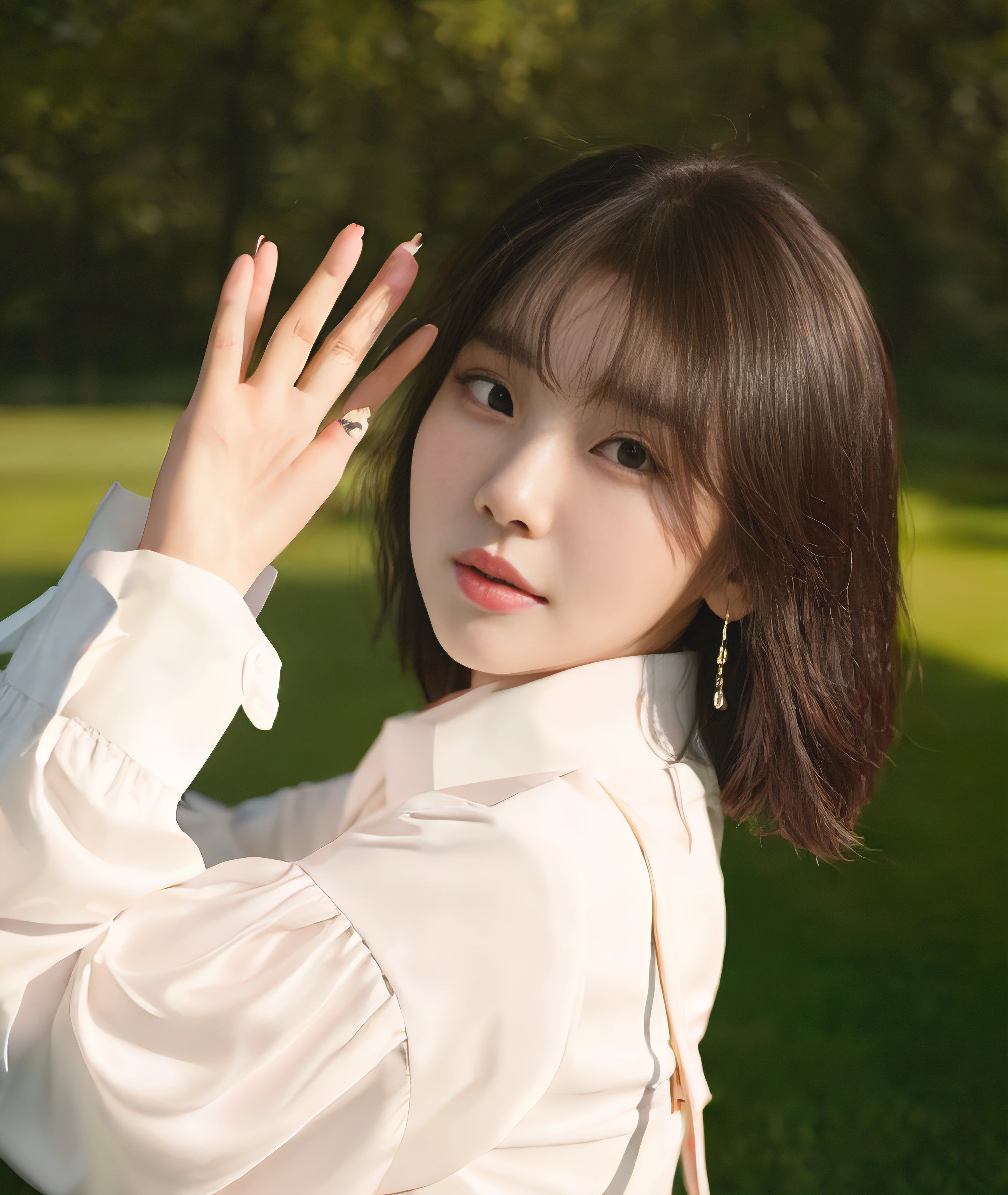 There was a woman standing on the grass, Choi Hyun-hwa, Lee Ji-eun, lee ji eun, shin min jeong, seseon yoon, portrait of female korean idol, sangsoo jeong, sun yunjoo, Kim Tae-joon, park jimin, jaeyeon nam, with short hair, korean artist