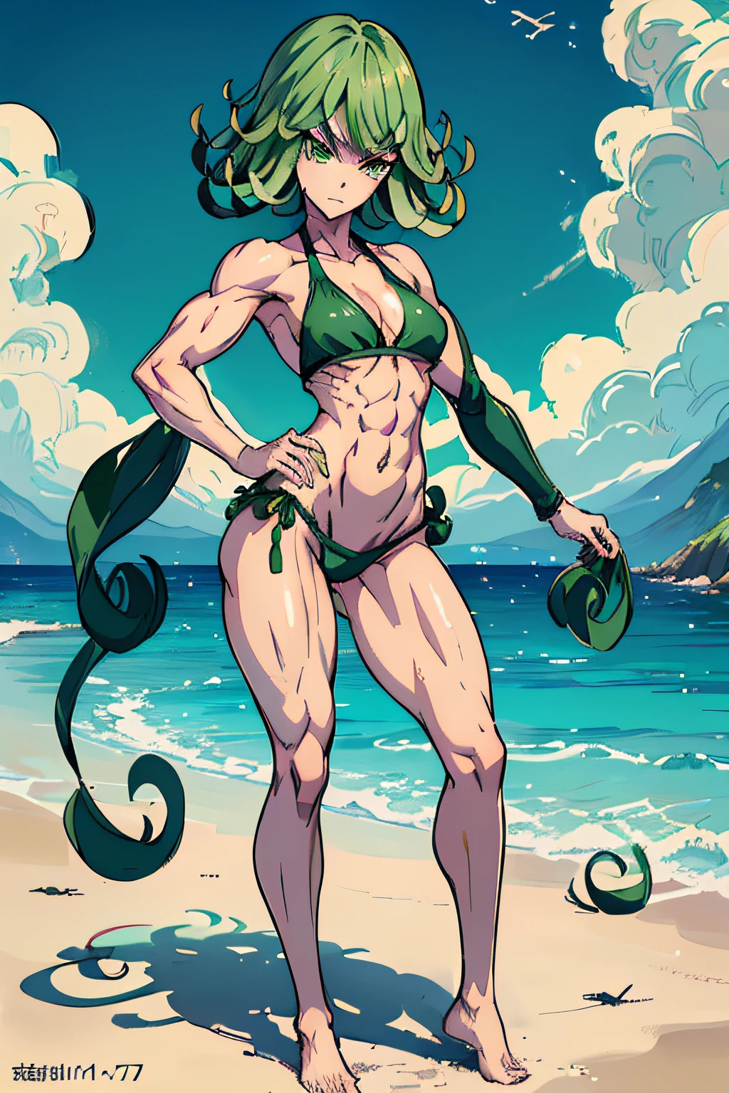 masterpiece, best quality, 1girl, alone, breasts, green eyes, looking at viewer, medium_breasts, full body, standing, ((punching)), (thin waist), wearing green bikini, on the beach, hair green, (Tatsumaki: 1.7), beautiful thighs, faithful to the anime, muscular belly, barefoot, ((focus on the beautiful muscular thighs))
