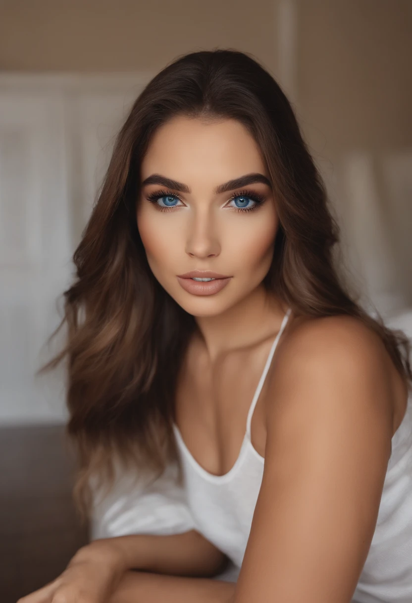 Arafed Mujer totalmente , desnuda Chica sexy con ojos azules, ultra realista, meticulosamente detallado, Retrato Sophie Mudd, cabello rubio y ojos grandes, selfie de una mujer joven, Ojos del dormitorio, Violeta Myers, sin maquillaje, Maquillaje natural, staring directly into camera, cara con artgram, maquillaje sutil, Impresionante foto de cuerpo completo arrodillado en la cama, En el dormitorio, Medium to large size bust; ; ;desnudo