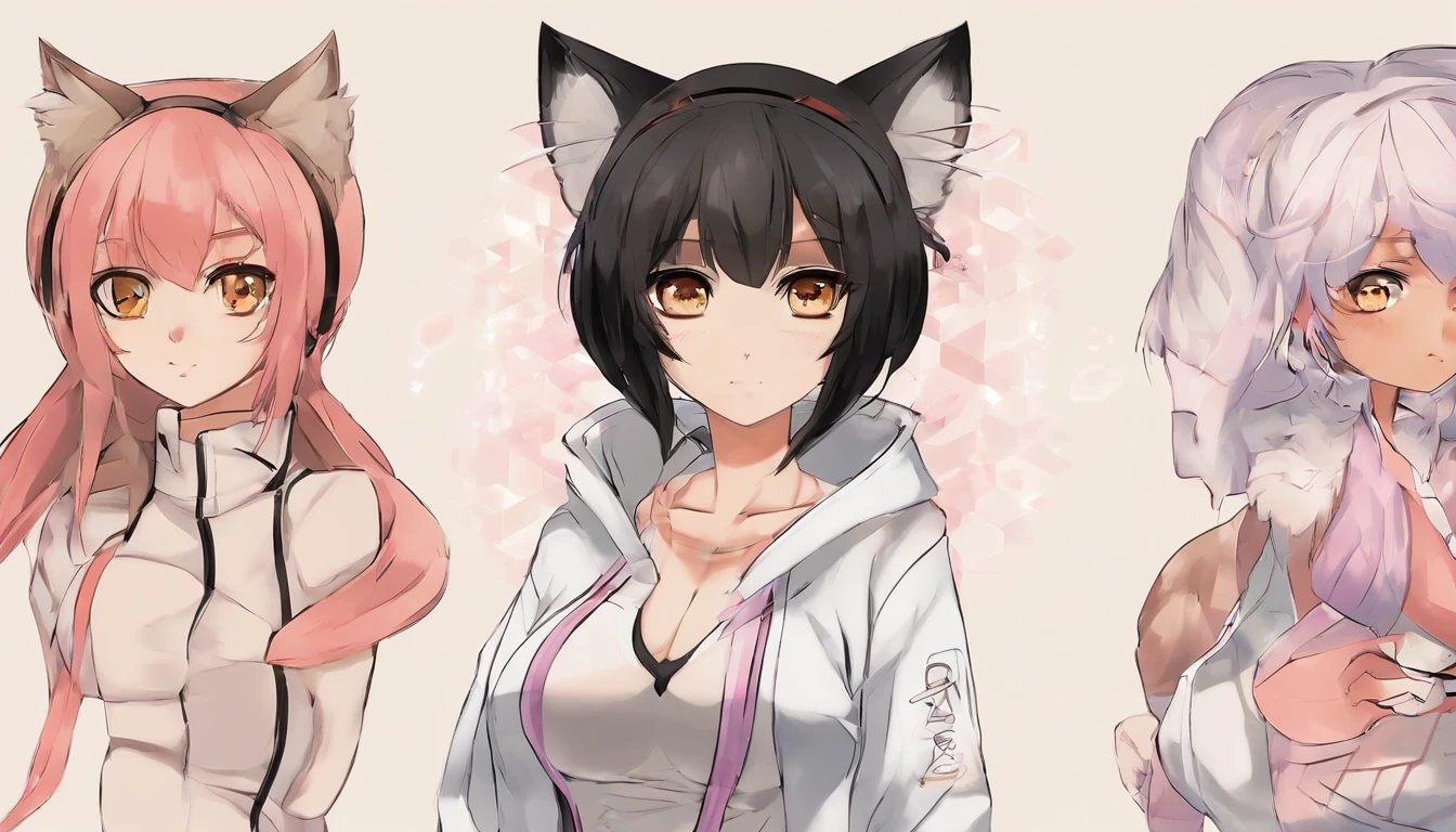 Turn the character in the following description into a human version, Keeping in mind that she's a , but keeping the feline characteristics: Um gato preto com cores misturadas entre cinza, Branco, e marrom claro, olhos azuis claros e roxos claros, orelhas mordidas com pontas brancas, uma parte de seu focinho para sua boca e Branco, His coat is kinda striped, castanho escuro, Her body is hairy and her nose is pink with some black parts, Make her a warrior who uses her fists and claws