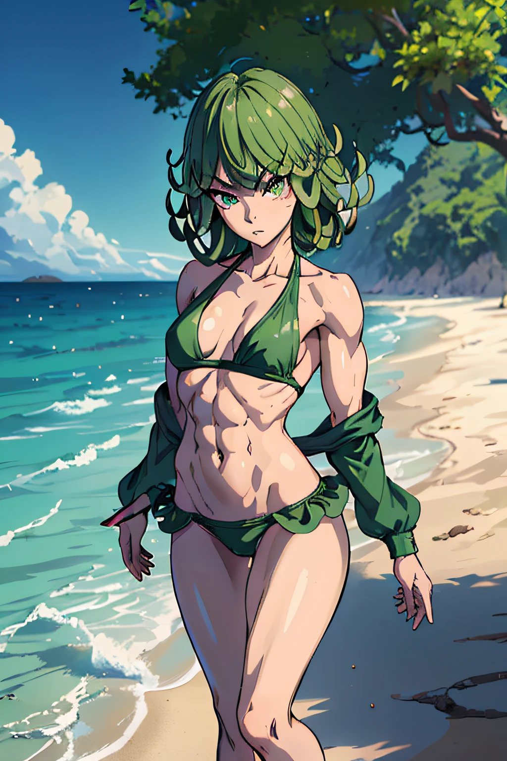 masterpiece, best quality, 1girl, alone, breasts, green eyes, looking at viewer, medium_breasts, full body, standing, ((punching)), (thin waist), wearing green bikini, on the beach, hair green, (Tatsumaki: 1.7), beautiful thighs, faithful to the anime, muscular belly, barefoot, ((focus on the beautiful muscular thighs))