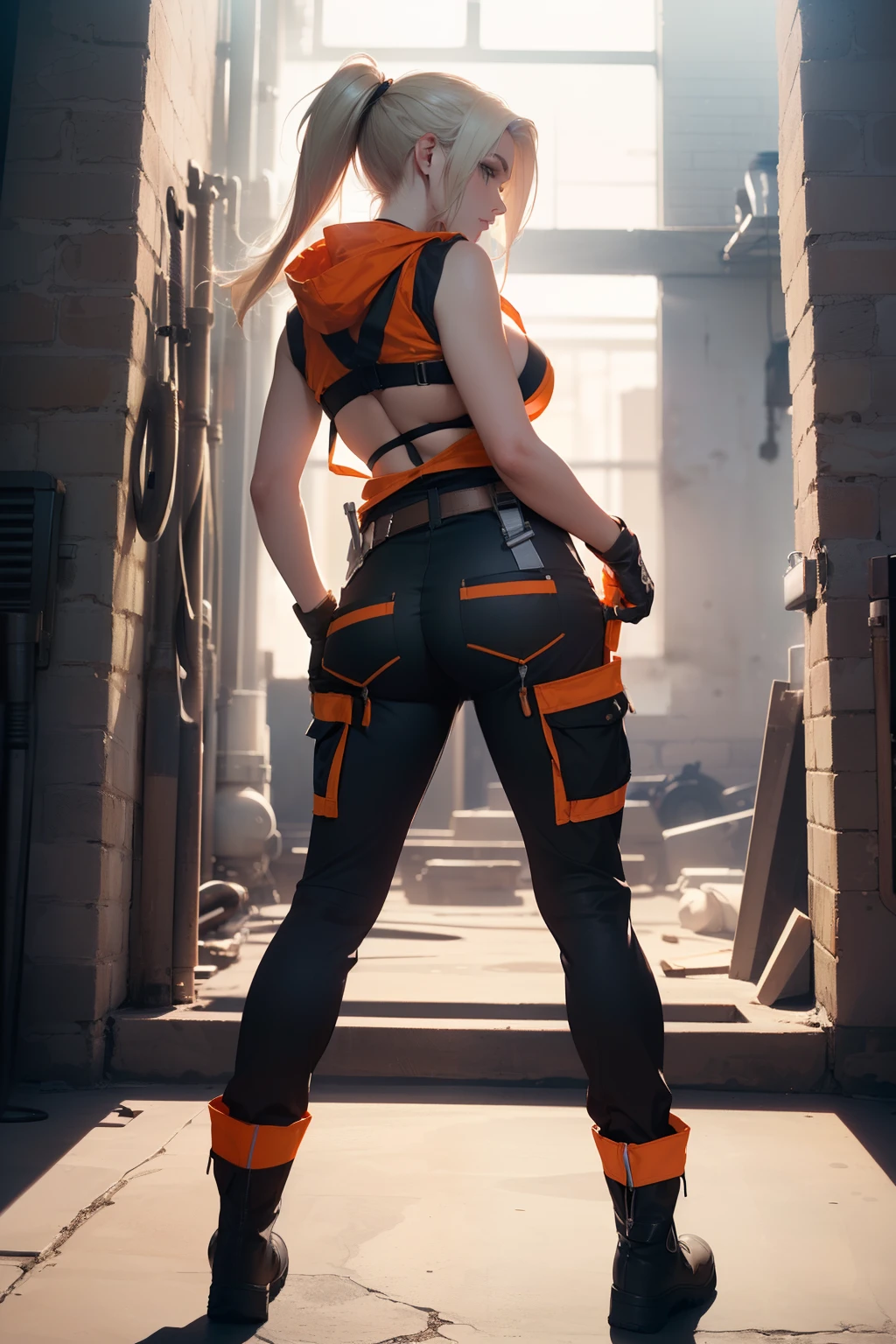 ((masterpiece, best quality, cinematic, photorealistic, ultra-detailed)), ((wide shot, full body view:1.5)), ((perfect anatomy, perfect eyes, perfect hands, large cleavage, round legs, round ass:1.2)), ((female mechanic)), ((black coveralls with bright orange accents, reflective strips, a built-in belt, and a detachable hood)), ((steel-toed work boots, mechanic gloves, and a tool belt)), ((platinum blonde hair, long hair tied into a low ponytail to fit comfortably under the hood)), ((sensual pose)), ((dynamic background)), ((leaning against the wall))