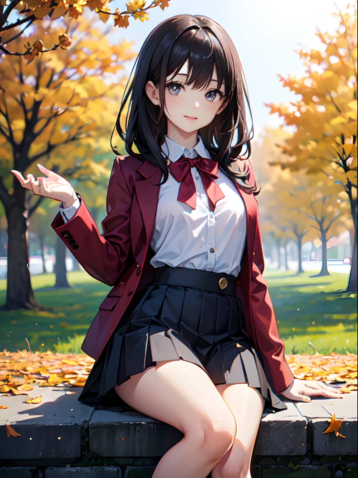 (8k, RAW Photos, 最high quality, masterpiece:1.2), High quality RAW color photos, Professional photo shoot, Cinematic Light, alone, (((young woman, gal))), (Sharp features), (Small face), (Skin with attention to detail:1.2), clavicle, Cute Face, Beautiful appearance, Long eyelashes,Girl Turning Around, smile, (Black Hair, Long straight line), high school student, Red tie, High School Uniform:1.2, Black jacket, Open jacket, Jacket cuff buttons, White shirt, Check skirt, Night Park, Birds chirping, Confident attitude, Capture the happy moment, Artistic painting,Attractive thighs, loose socks:1.2, sneakers:1.2, (A very fine touch:1.2), (shy smile), Peaceful atmosphere, Oil painting style, Bright colors, (Are standing:1.5, lean on a tree, Full body portrait), Smooth texture, Gazing Eyes, Beautiful Skin, Shiny skin, ((Perfect Fingers, Five Fingers, Anatomically correct)), Background Blur, high quality, surreal, ((Very detailed, photo shoot)),(Skirt flip、I can see her panties),,
