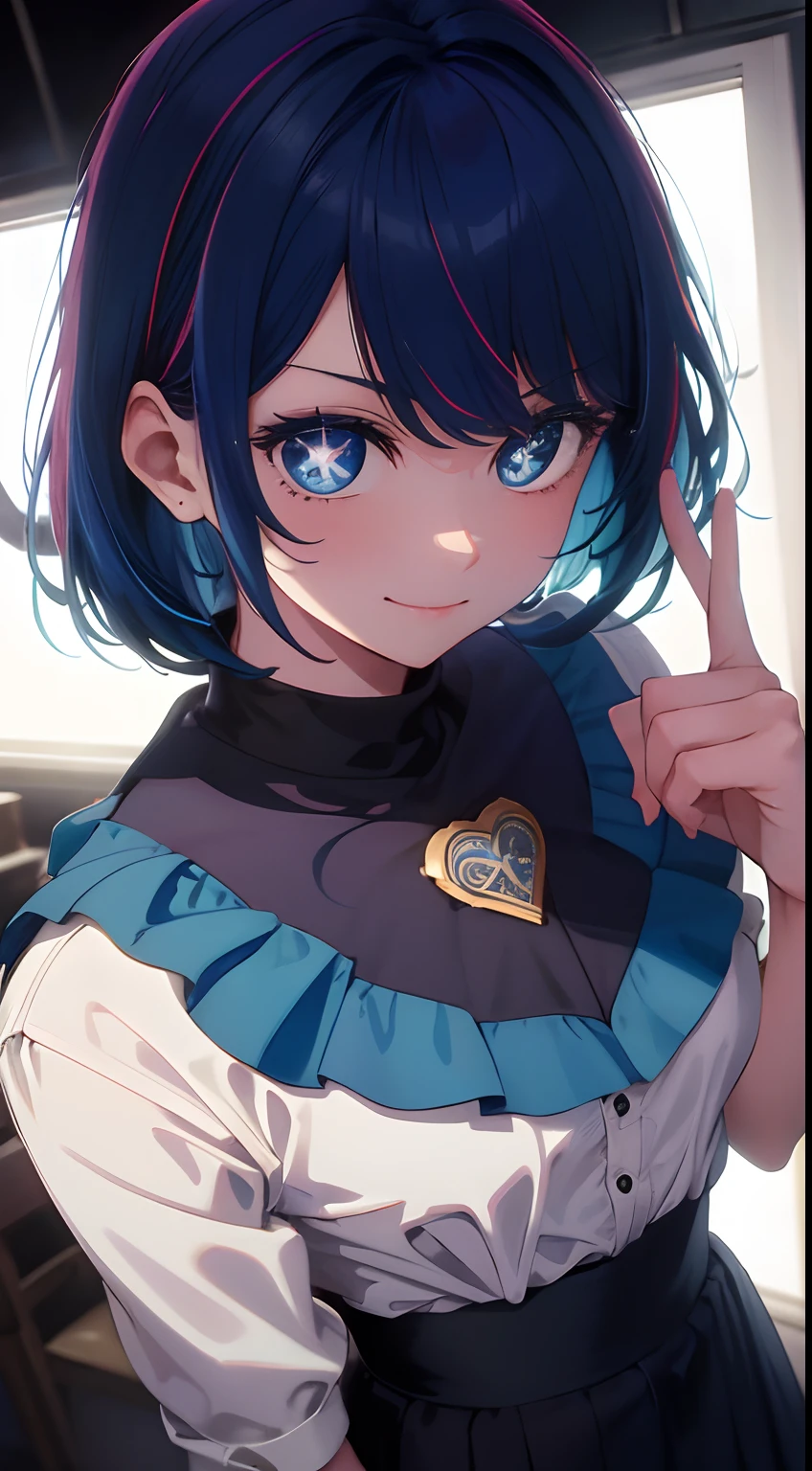 ​masterpiece、top-quality、Movie stills、One girl、、(a closeup:1.1)、with light glowing、Happiness、A delightful、Soft lighting、(Bauhaus、form、Line、abstracted:1.1)Gilji Bluehair Shorthair、butterflys々、Black long skirt((​masterpiece)), deadpan, (((top-quality))), ((illustratio)),
1girl in,, ((独奏)), (详细的脸), (Beautiful details), Bright eye, blue eyess, ((dishevled hair)), 
A smile、blank stare、sitting on、((Facing to the side))、
Bow Tie Hair Band、Black transparent skirt、noble、Mystical、
Bright background、write、
(magazine:1.1), (cover-style:1.1), Fashionable, femele, with a vibrant, outfits, the pose, the front, Colorful, Dynamic, Background with, element, I'm confident, expresive, ngel, statement, accessorized, An majestic, coiled, surroundings, Touch, The scene, Texto, covers, It's bold, captures the attention, Titles, Stylish,  Catchy, headline, The large, Impressive, moderno, Trendy, Focus, lo fashion,Gilji Blue Hair Short Hair、Gilji Bluehair Shorthair、Gilji Blue Hair Short Hair, (Wearing a formal suit:1.3)1girl in, full body Esbian, cowboy  shot, (Rembrandt), illustratio, (​masterpiece), (Top image quality), (Ultras_Detailed), finely detail, (depth of fields), gloves, tongue-out, tongue, stele \(Symbols\), see the beholder, (Light blue hair:1.2), Blue Eye, The upper part of the body, hair adornments, , Blue shirt, A smile,  The shirt, Idol, symbol-shaped pupils, bangss, One side up, star-shaped pupils, dress pull, Roaring 20s, isometric、From  above、Gilji Bluehair Shorthair, Wearing a suit、Luminescent eyes、Star-shaped glowing eyes、piece sign、Eyes that shine clearly、Peace sign near the eye、Looking at me from the front、formal suit