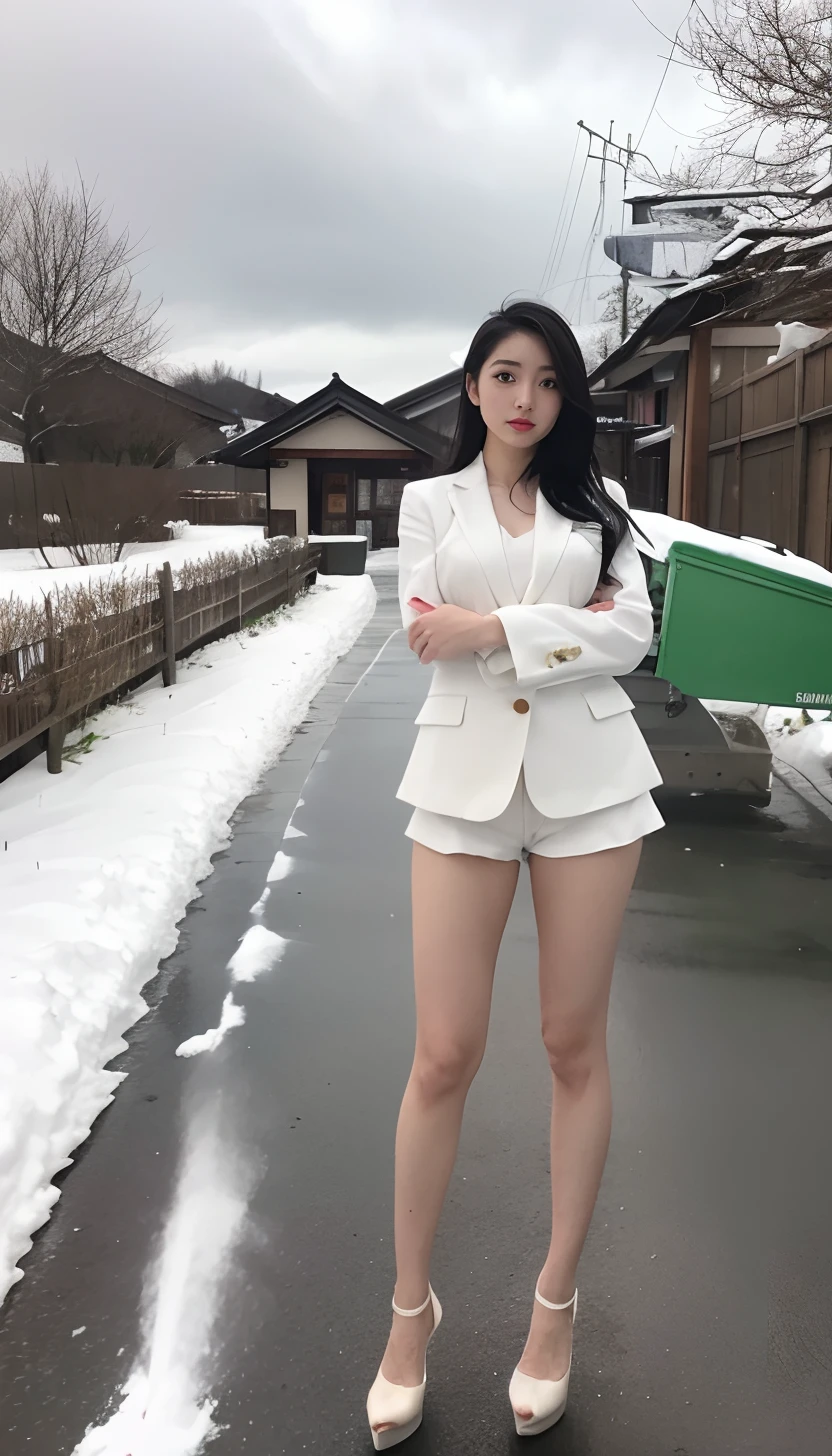 A Japanese Lady、beauitful face、二重まぶた、Big eyes、Long Black Hair、White suit、Micro shorts、beauty legs、Raw feet、pin heels、tall、model poses、arms in arms、Oyuki、snow cover、snow blowing、Visibility is poor due to snow