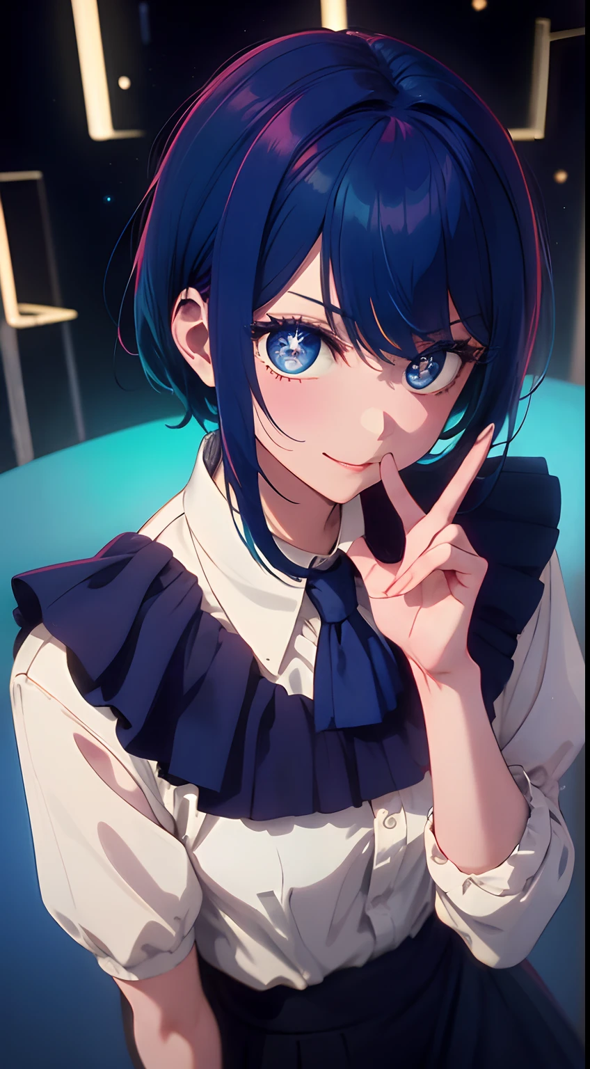 masterpiece、top-quality、Movie stills、One girl、、(a closeup:1.1)、with light glowing、Happiness、A delightful、Soft lighting、(Bauhaus、form、Line、abstracted:1.1)Gilji Bluehair Shorthair、butterflys々、Black long skirt((masterpiece)), deadpan, (((top-quality))), ((illustratio)),
1girl in,, ((独奏)), (详细的脸), (Beautiful details), Bright eye, blue eyess, ((dishevled hair)),
A smile、blank stare、sitting on、((Facing to the side))、
Bow Tie Hair Band、Black transparent skirt、noble、Mystical、
Bright background、write、
(magazine:1.1), (cover-style:1.1), Fashionable, femele, with a vibrant, outfits, the pose, the front, Colorful, Dynamic, Background with, element, I'm confident, expresive, ngel, statement, accessorized, An majestic, coiled, surroundings, Touch, The scene, Texto, covers, It's bold, captures the attention, Titles, Stylish, Catchy, headline, The large, Impressive, moderno, Trendy, Focus, lo fashion,Gilji Blue Hair Short Hair、Gilji Bluehair Shorthair、Gilji Blue Hair Short Hair, (Wearing a formal suit:1.3)1girl in, full body Esbian, cowboy shot, (Rembrandt), illustratio, (masterpiece), (Top image quality), (Ultras_Detailed), finely detail, (depth of fields), gloves, tongue-out, tongue, stele \(Symbols\), see the beholder, (Light blue hair:1.2), Blue Eye, The upper part of the body, hair adornments, , Blue shirt, A smile, The shirt, Idol, symbol-shaped pupils, bangss, One side up, star-shaped pupils, dress pull, Roaring 20s, isometric、From above、Gilji Bluehair Shorthair, Wearing a suit、Luminescent eyes、Star-shaped glowing eyes、piece sign、Eyes that shine clearly、Peace sign near the eye、Looking at me from the front、formal suit