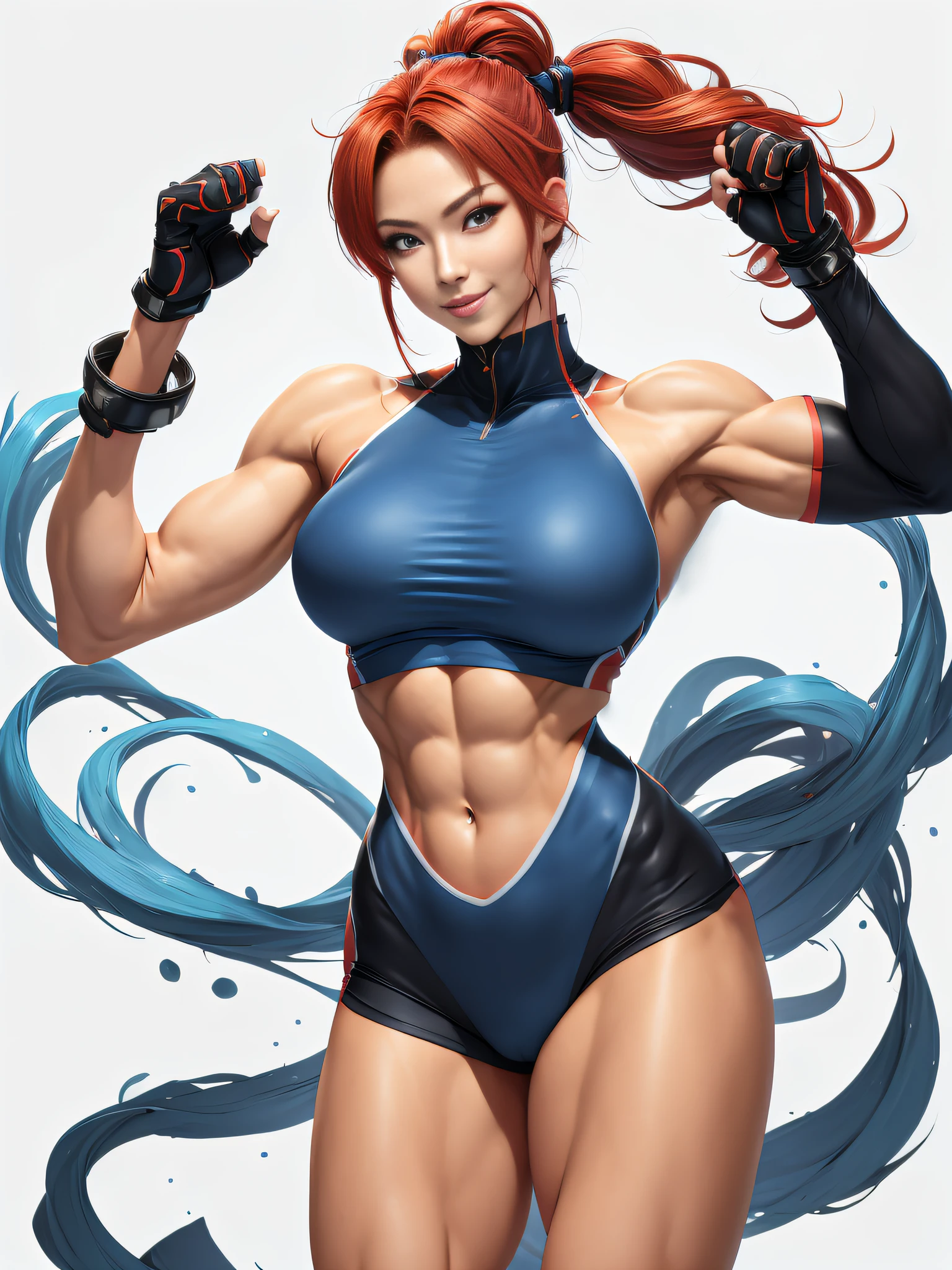 resplendent smile、Female Fitness Model、Huge chest on the verge of bursting、thin and long legs、abdominals、musculature、Metallic Yellow Workout Wear、Half Japan and half American.、25-years old、Height 175cm、sportuniversal、blue eyes、Red hair、Pony tail、glistning skin、blue eyes、Pose ready to fight、full-body view